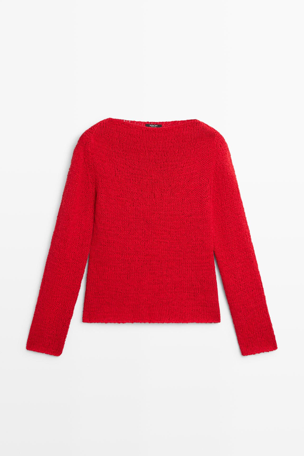 Cotton blend knit boat neck sweater — RED