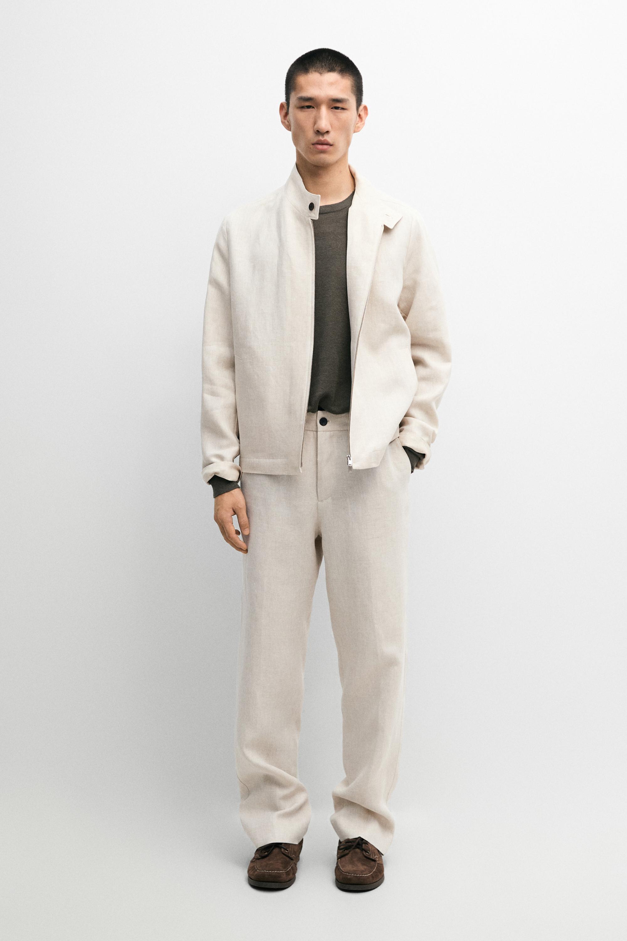 Lightweight linen trousers with herringbone detail — BEIGE