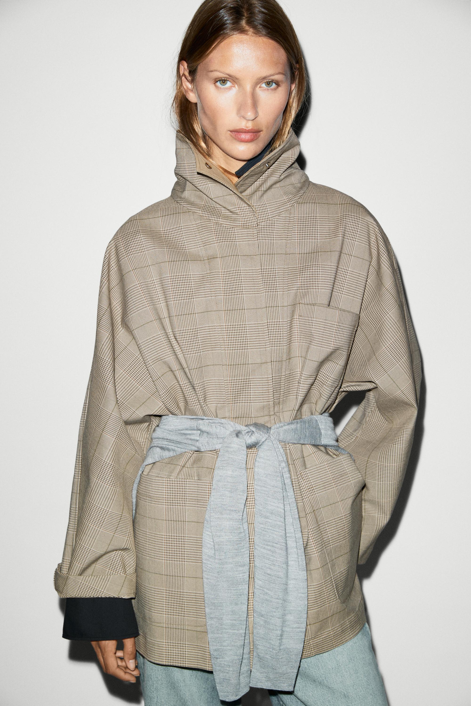 Cotton blend plaid high neck jacket — KHAKI