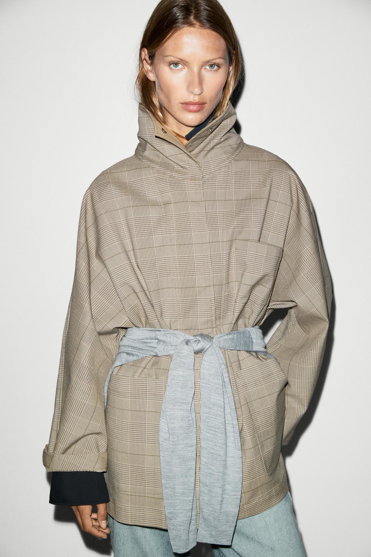 Cotton blend plaid high neck jacket — KHAKI