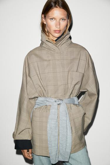Cotton blend plaid high neck jacket — KHAKI 5
