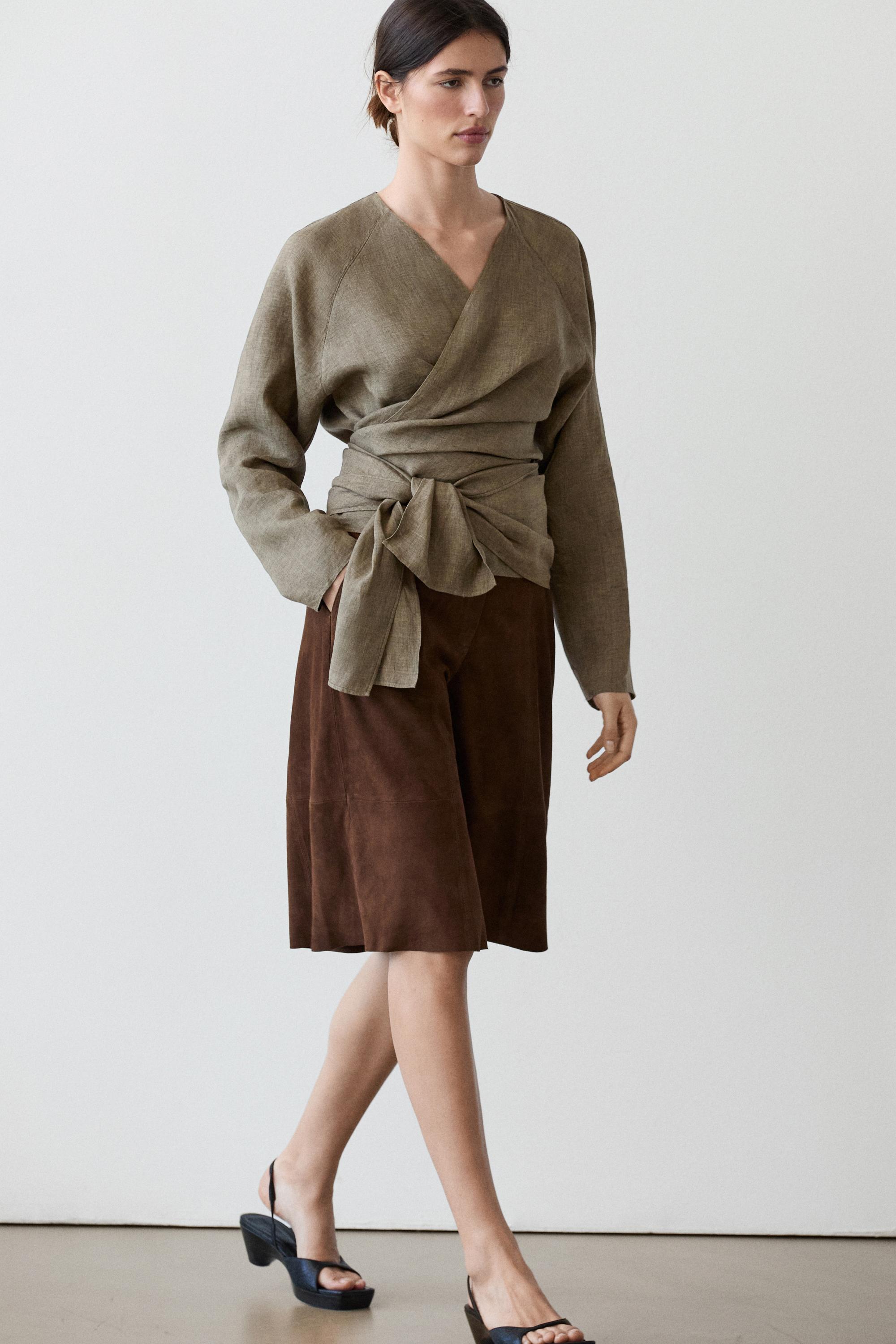 100% linen shirt with tie detail — GREEN