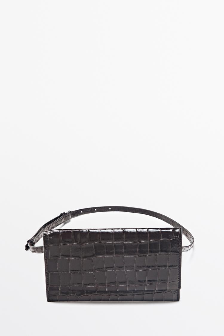 Crocodile-embossed leather belt bag — BROWN