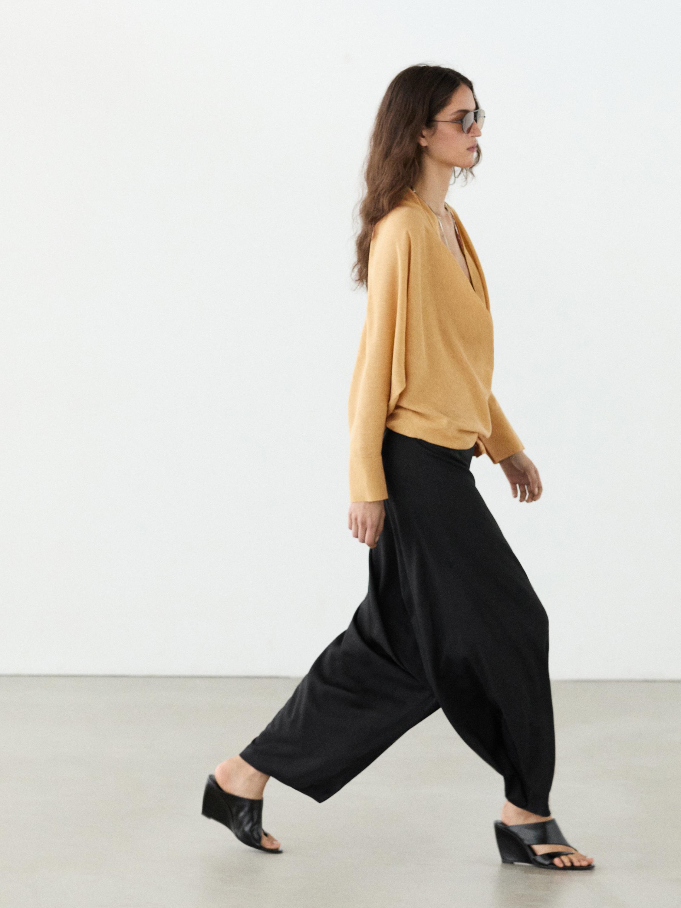 Flowing blouse with draped neckline — MUSTARD YELLOW