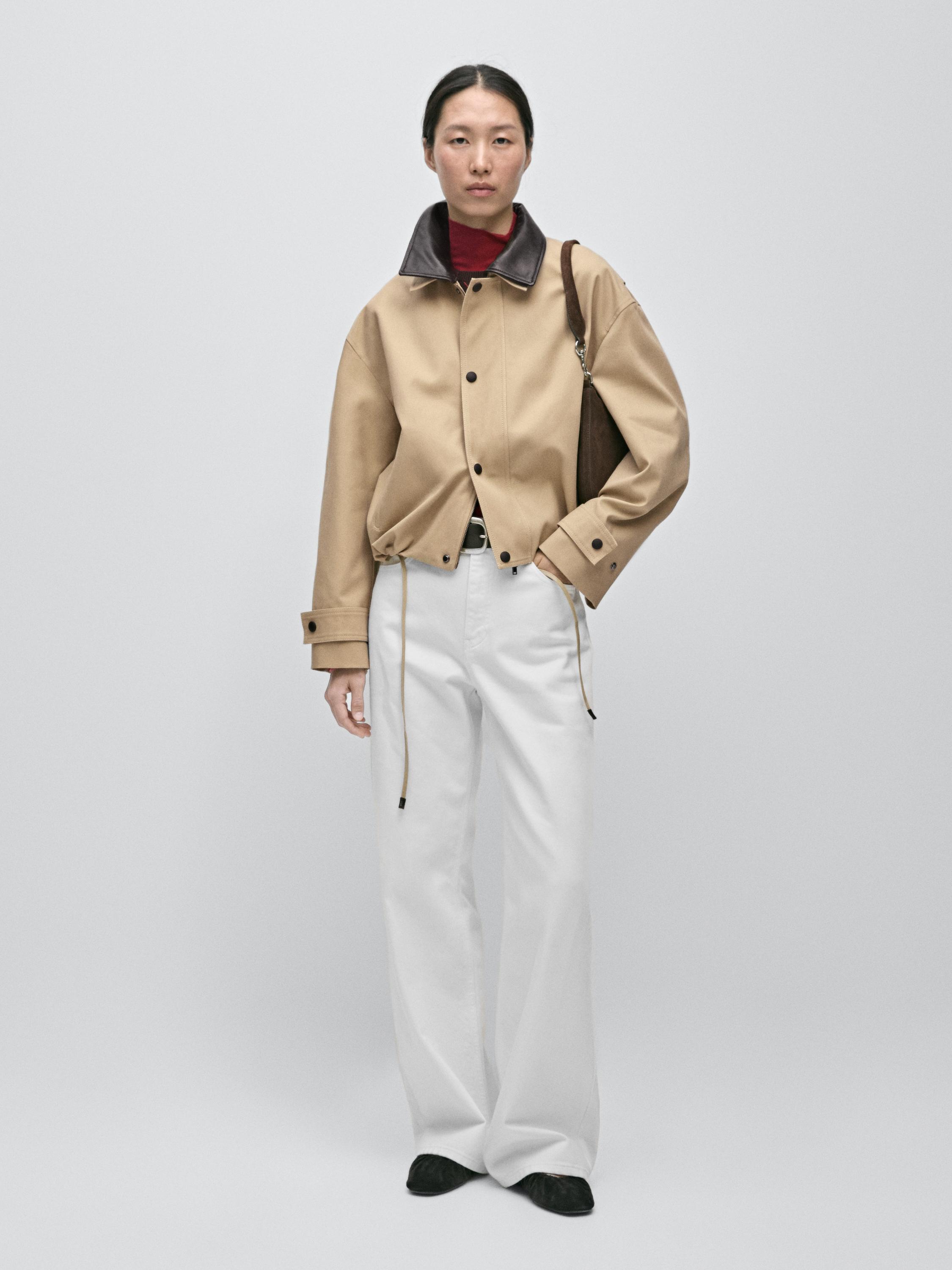 Short jacket with leather collar detail