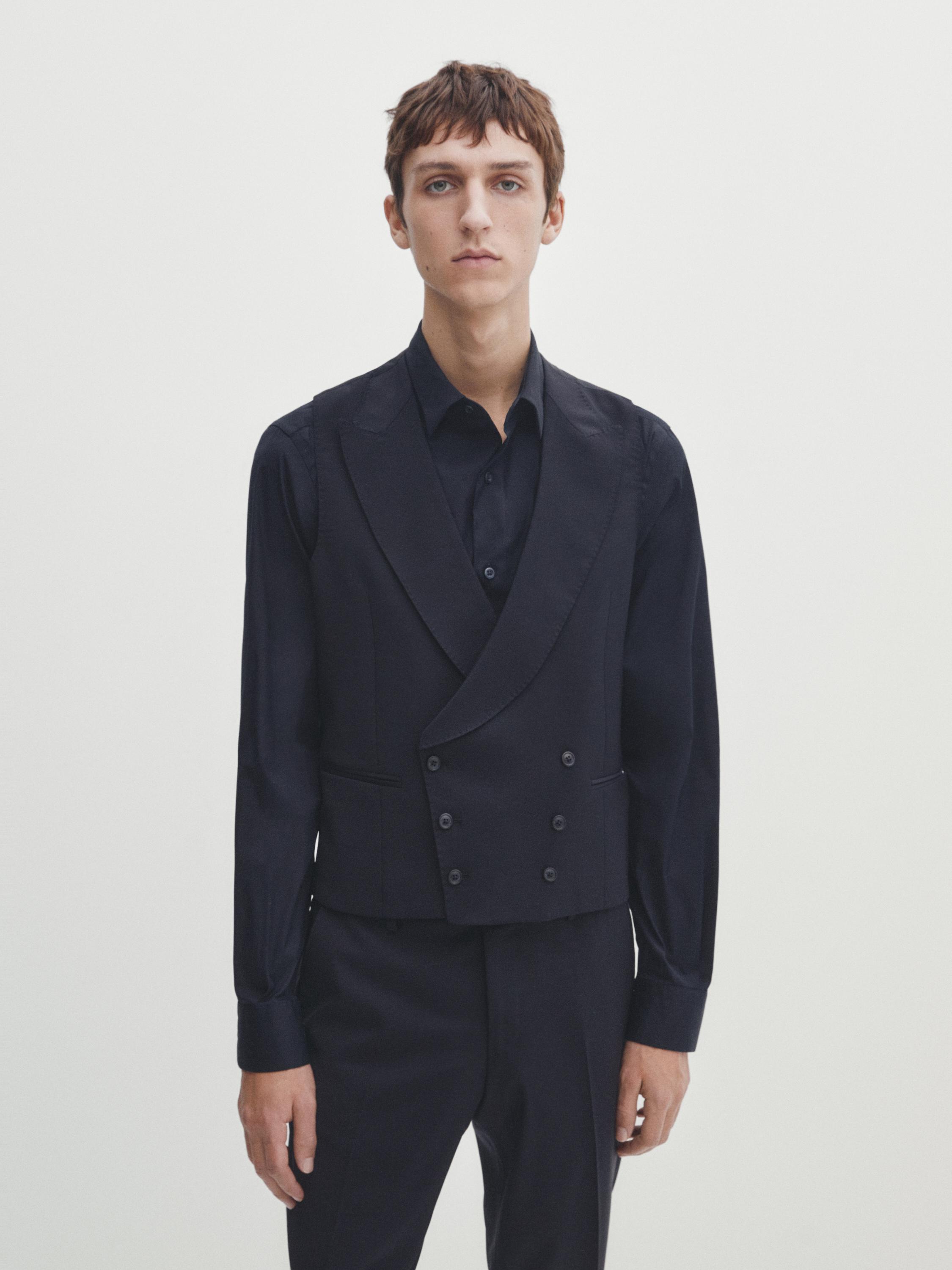 Gilet de costume uni bleu en laine mélangée