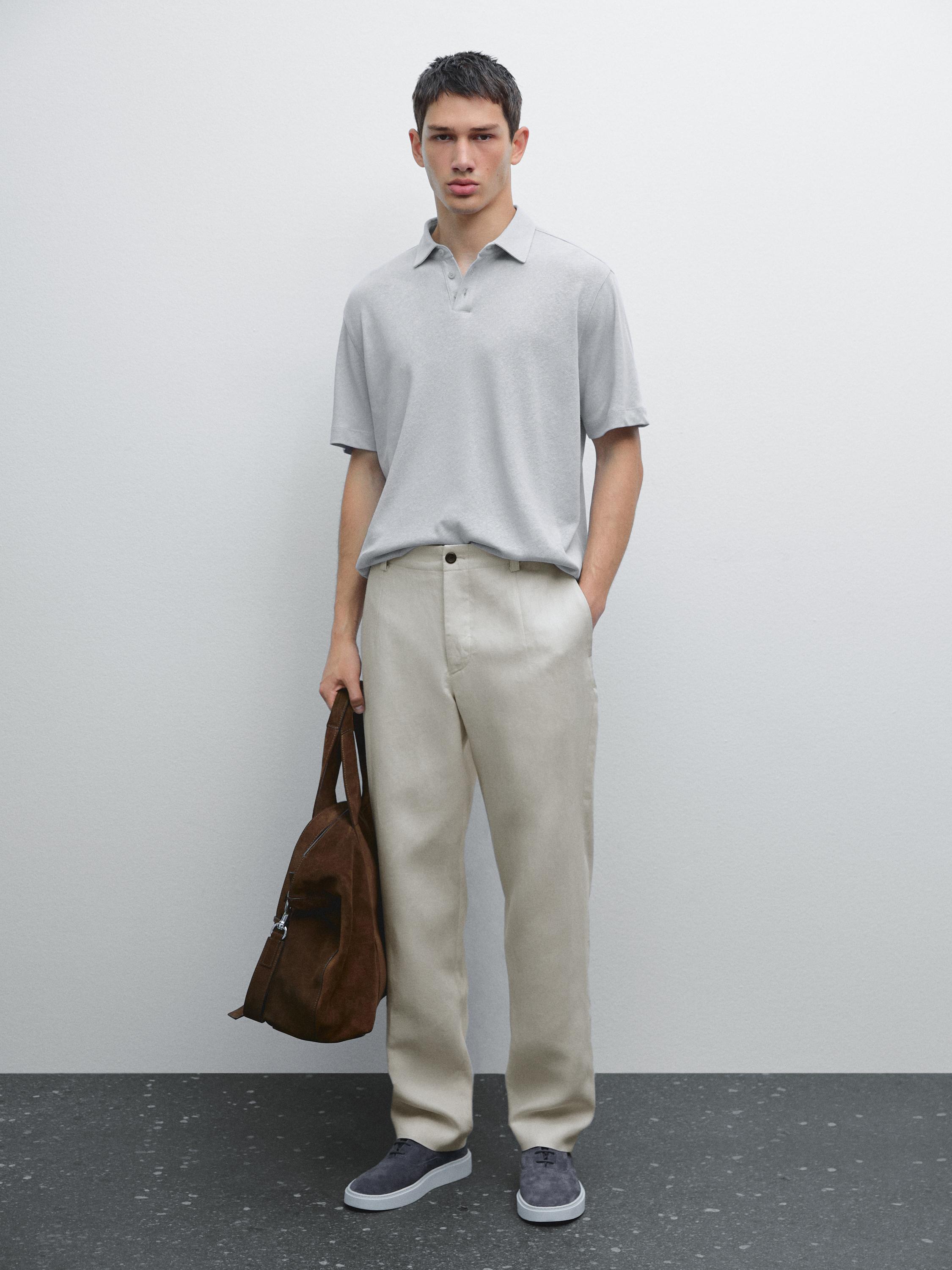 Short sleeve linen blend polo shirt