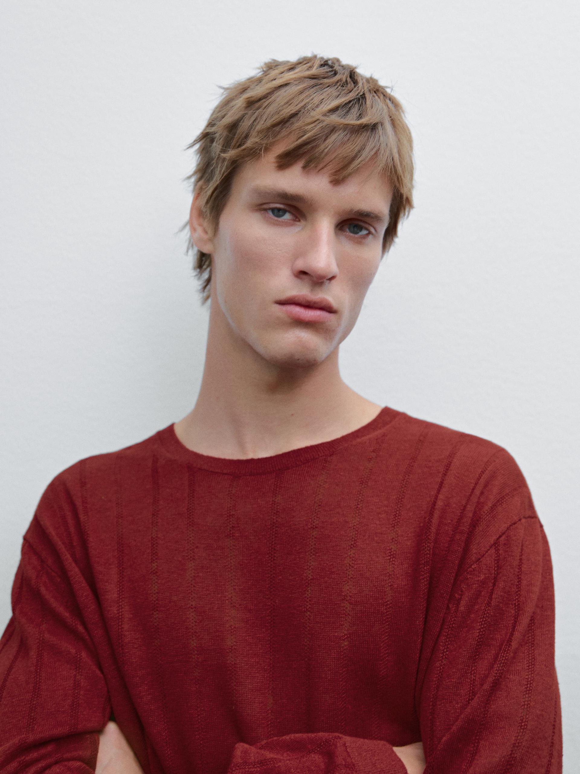 Pull À Col Rond 100 % Lin - Rouge Vin - Xl - Massimo Dutti - Homme