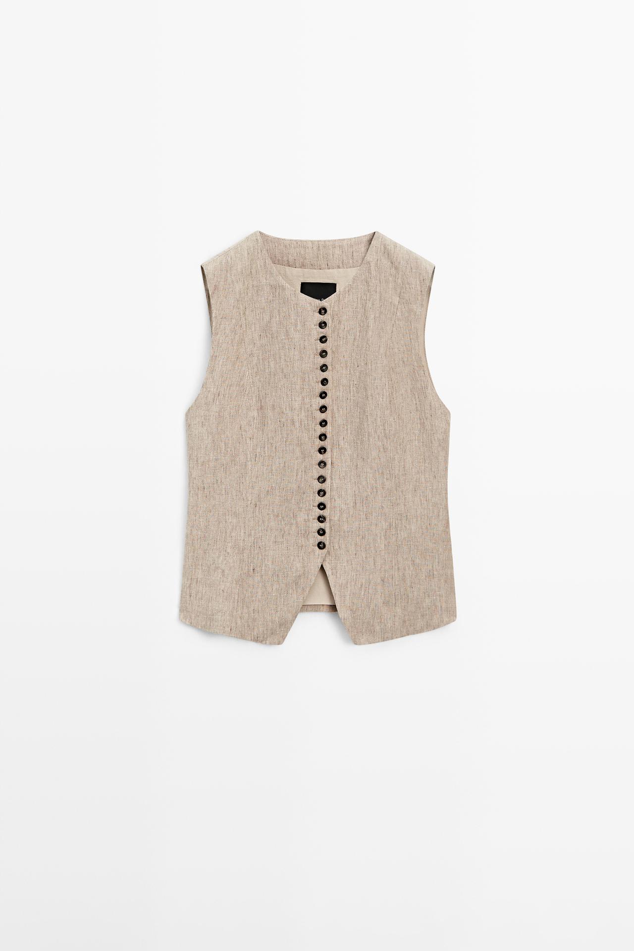 Massimo Dutti - Dames - Melange Gilet Met Linnen Knoopdetails - Beige - Xs