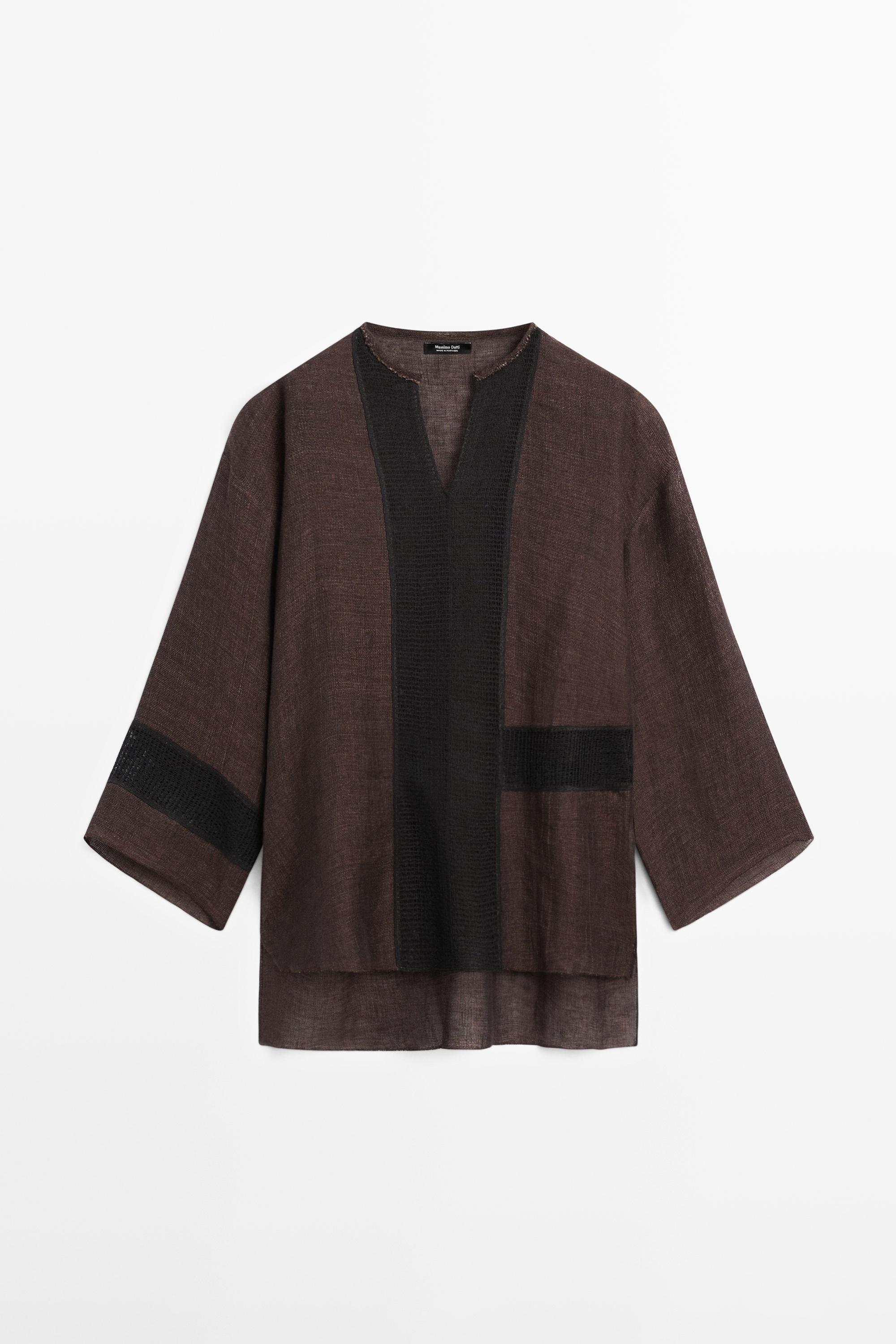 Flowing oversize linen blend blouse with lace trim — BROWN MARL