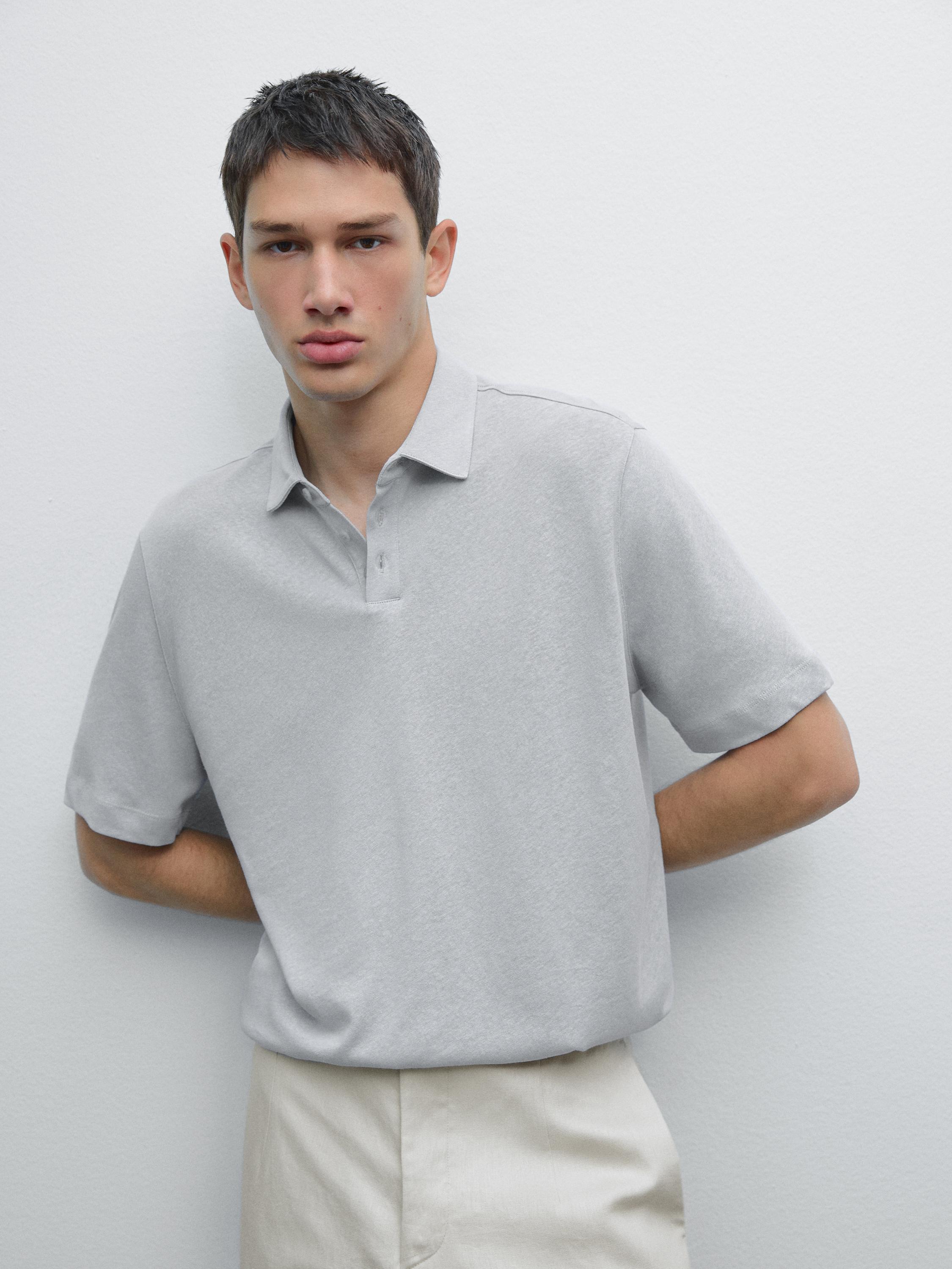 Short sleeve linen blend polo shirt