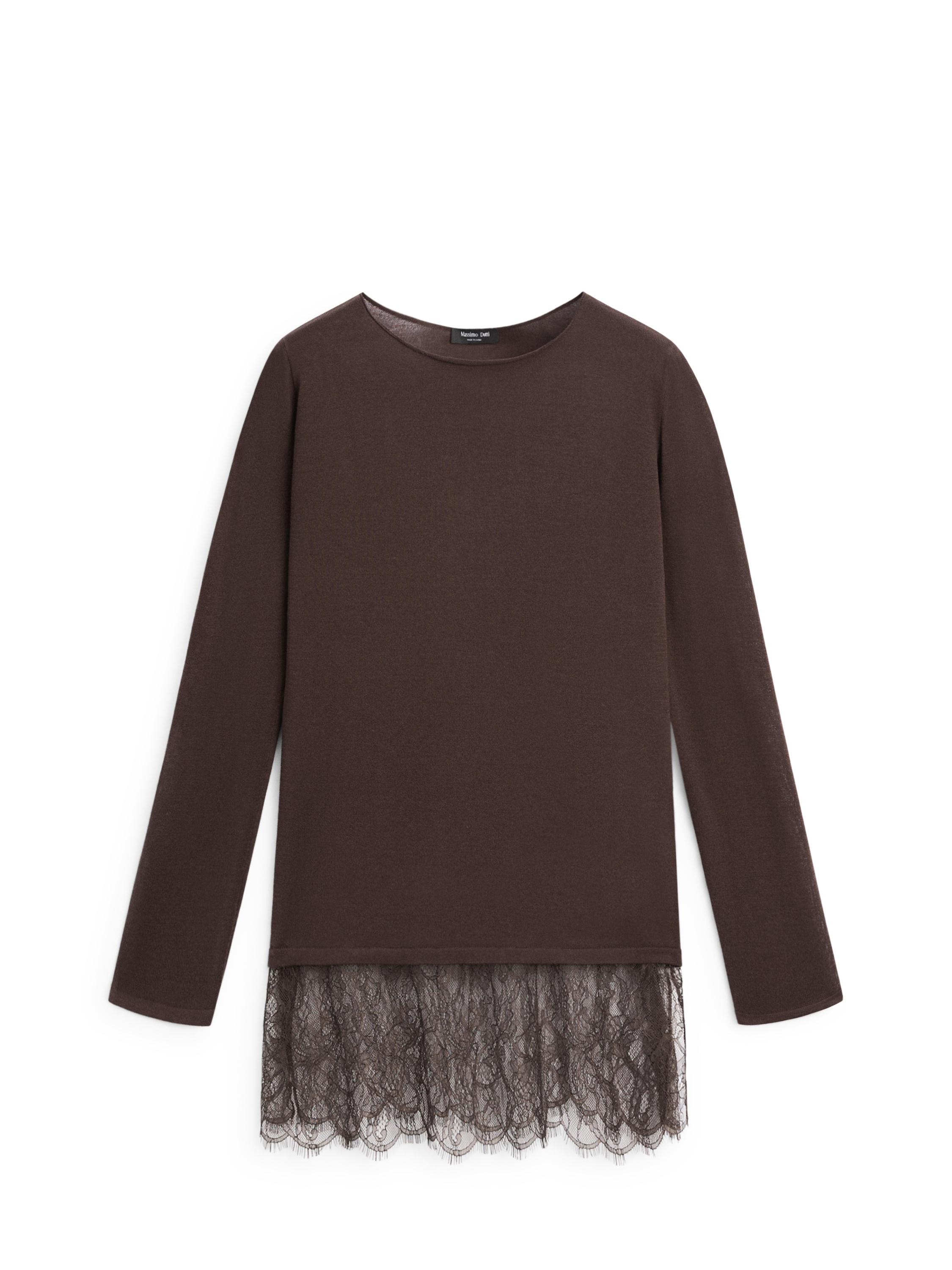 Long sleeve T-shirt with lace detail — BROWN
