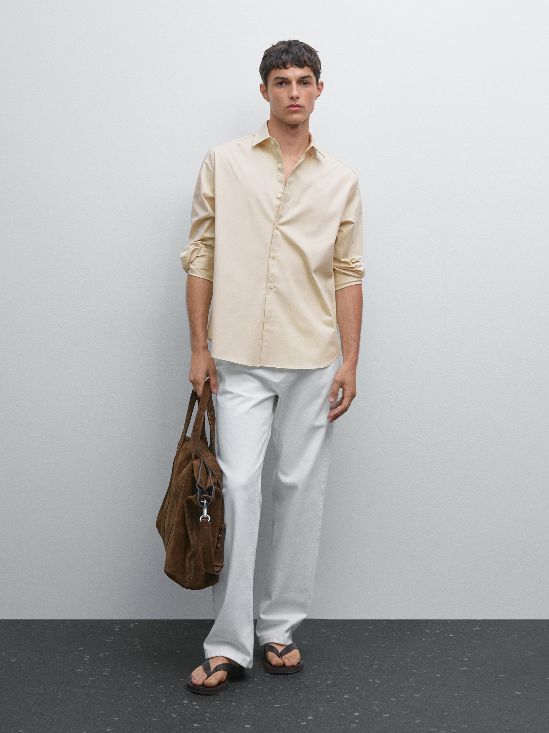 Camisa Confortável Em Twill - Bege - L - Massimo Dutti - Homem