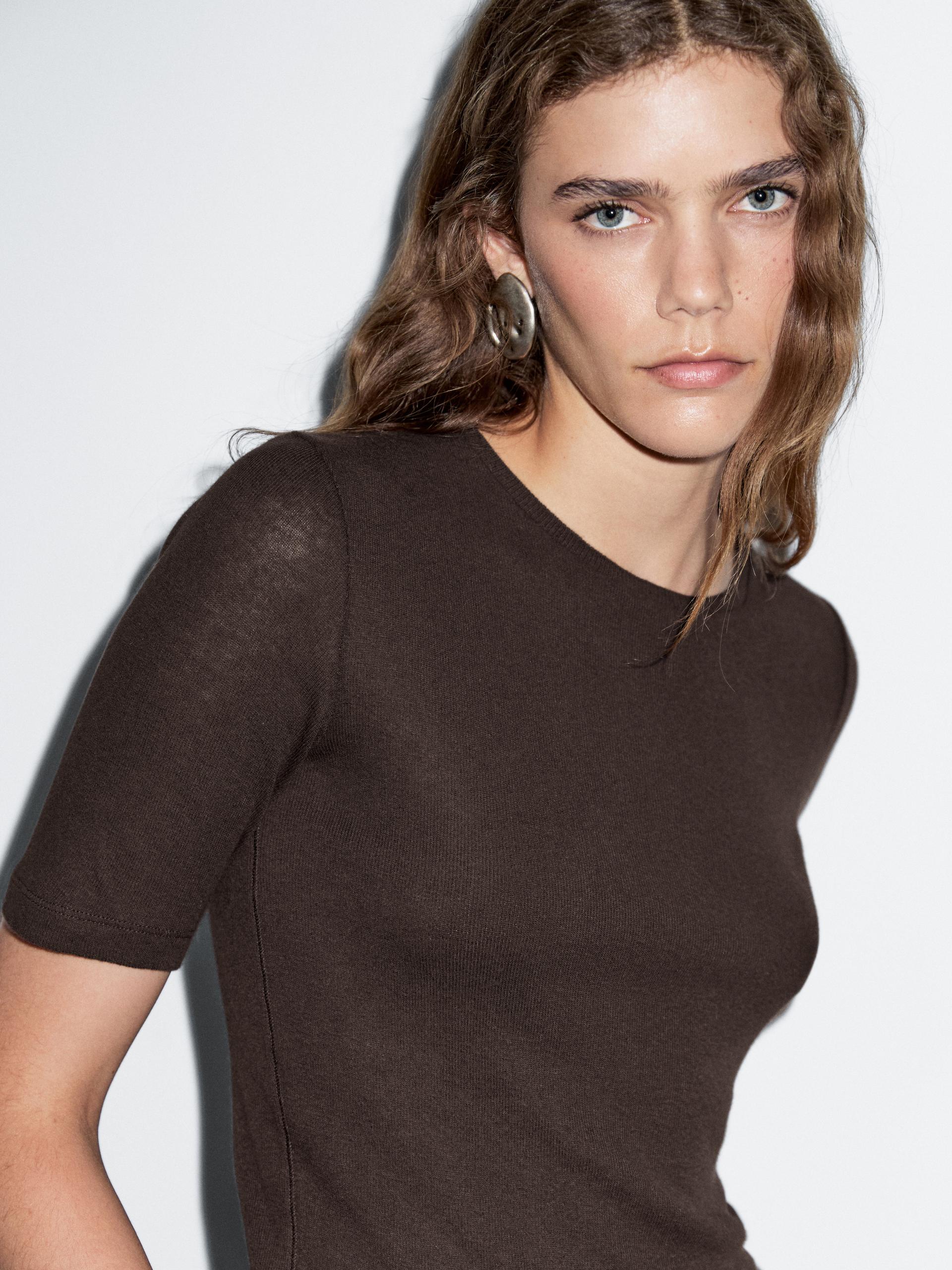 Koszulka Z Mieszanki Bawełny Z Krótkim Rękawem - Brązowy - S - Massimo Dutti - Kobieta