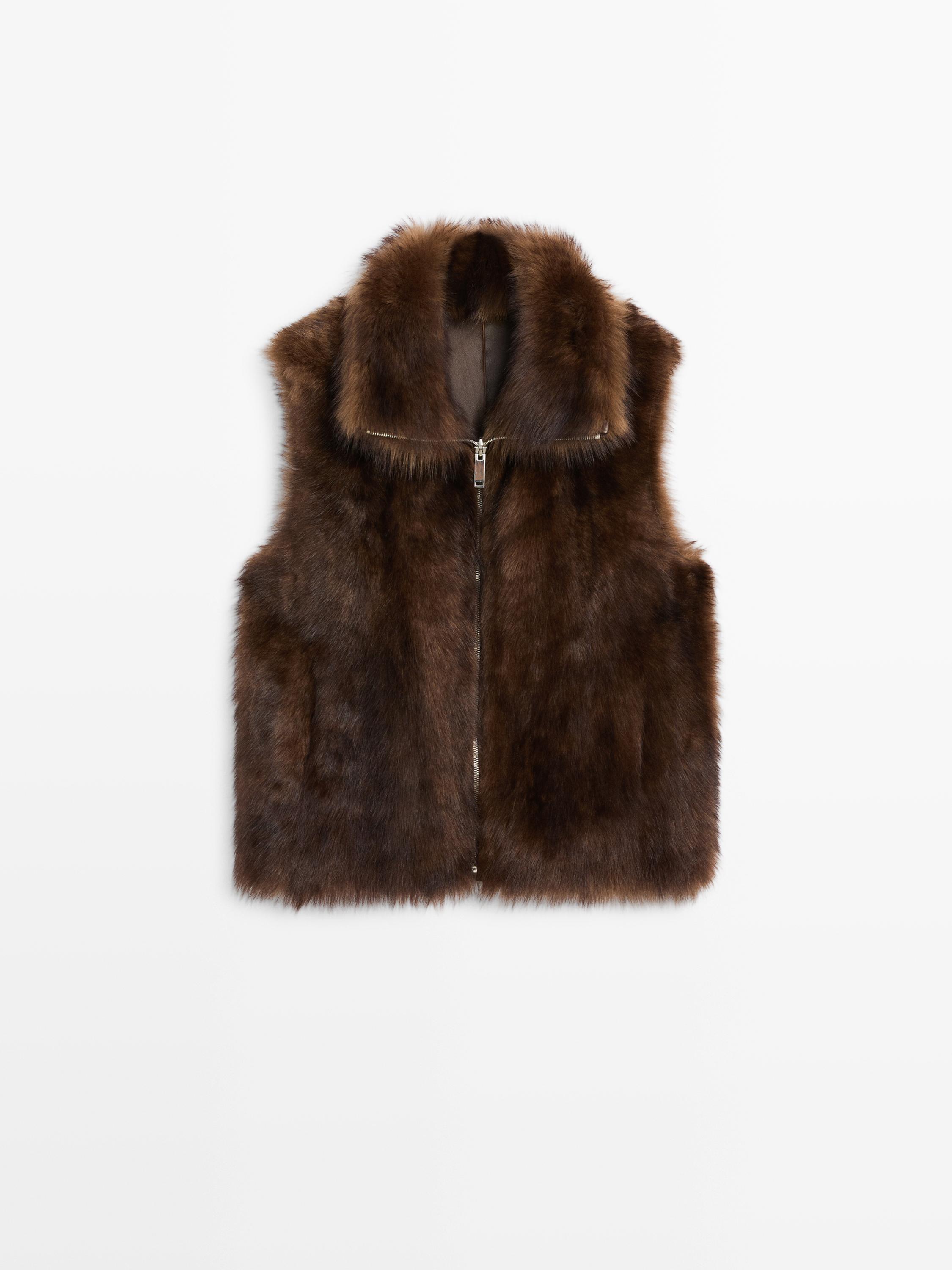 Leather high-neck waistcoat with fur — BROWN