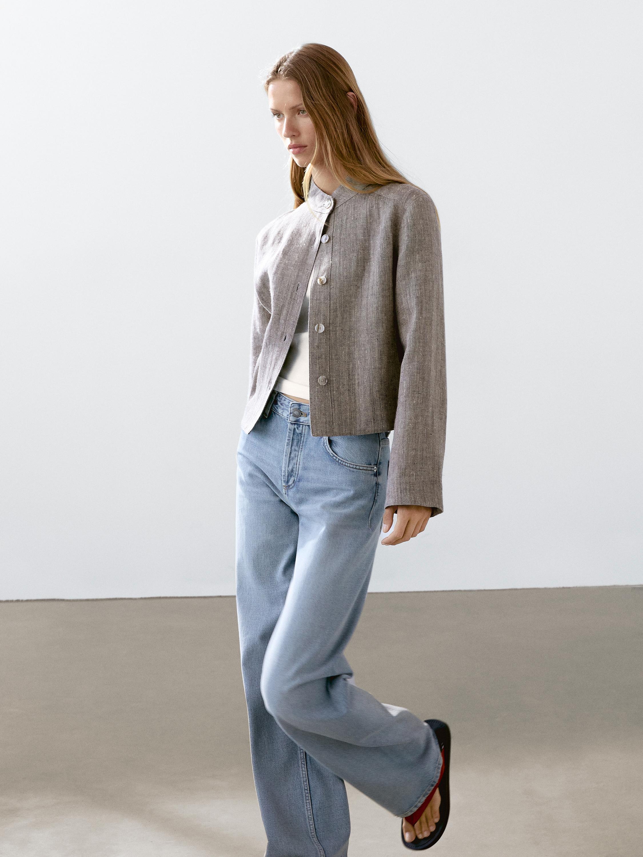 Short linen jacket with stand collar