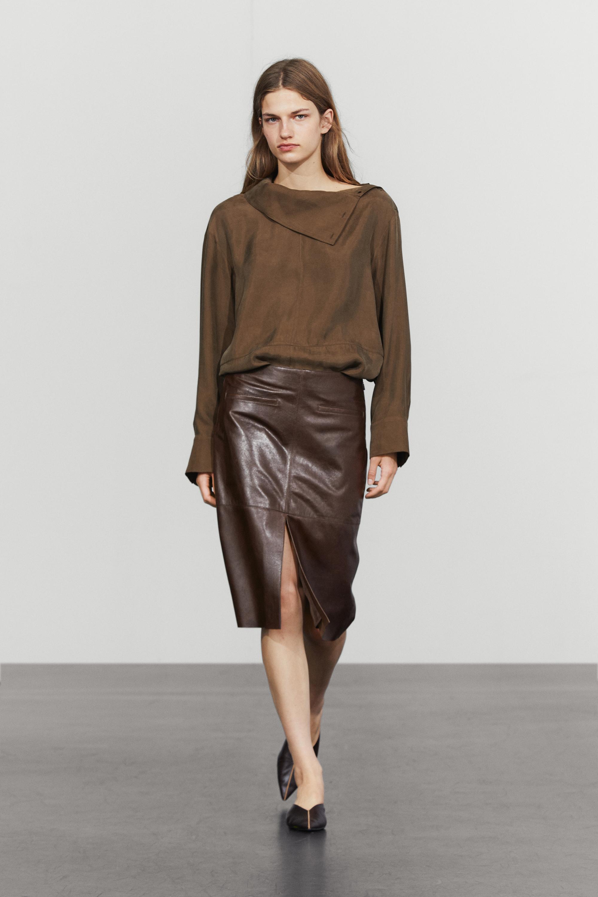 Leather midi skirt with pockets