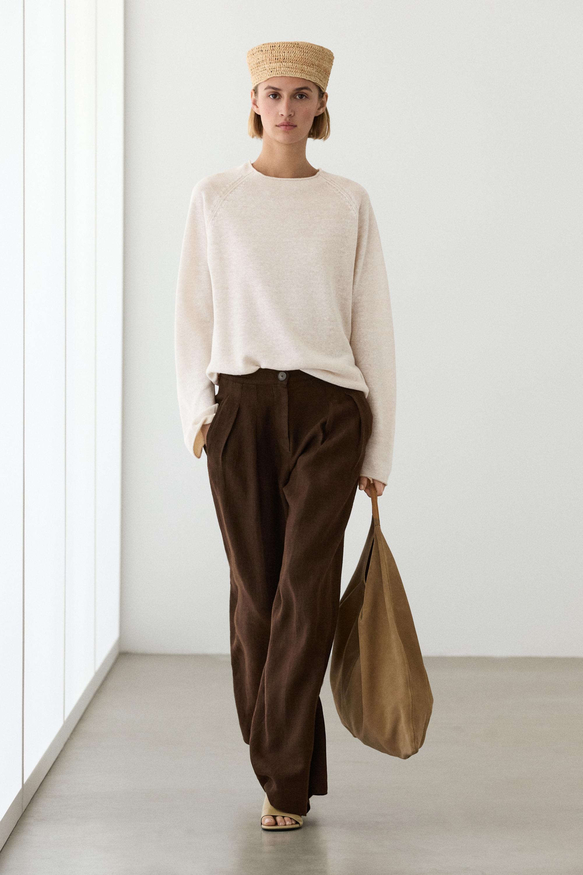 100% linen wide-leg pleated trousers — BROWN