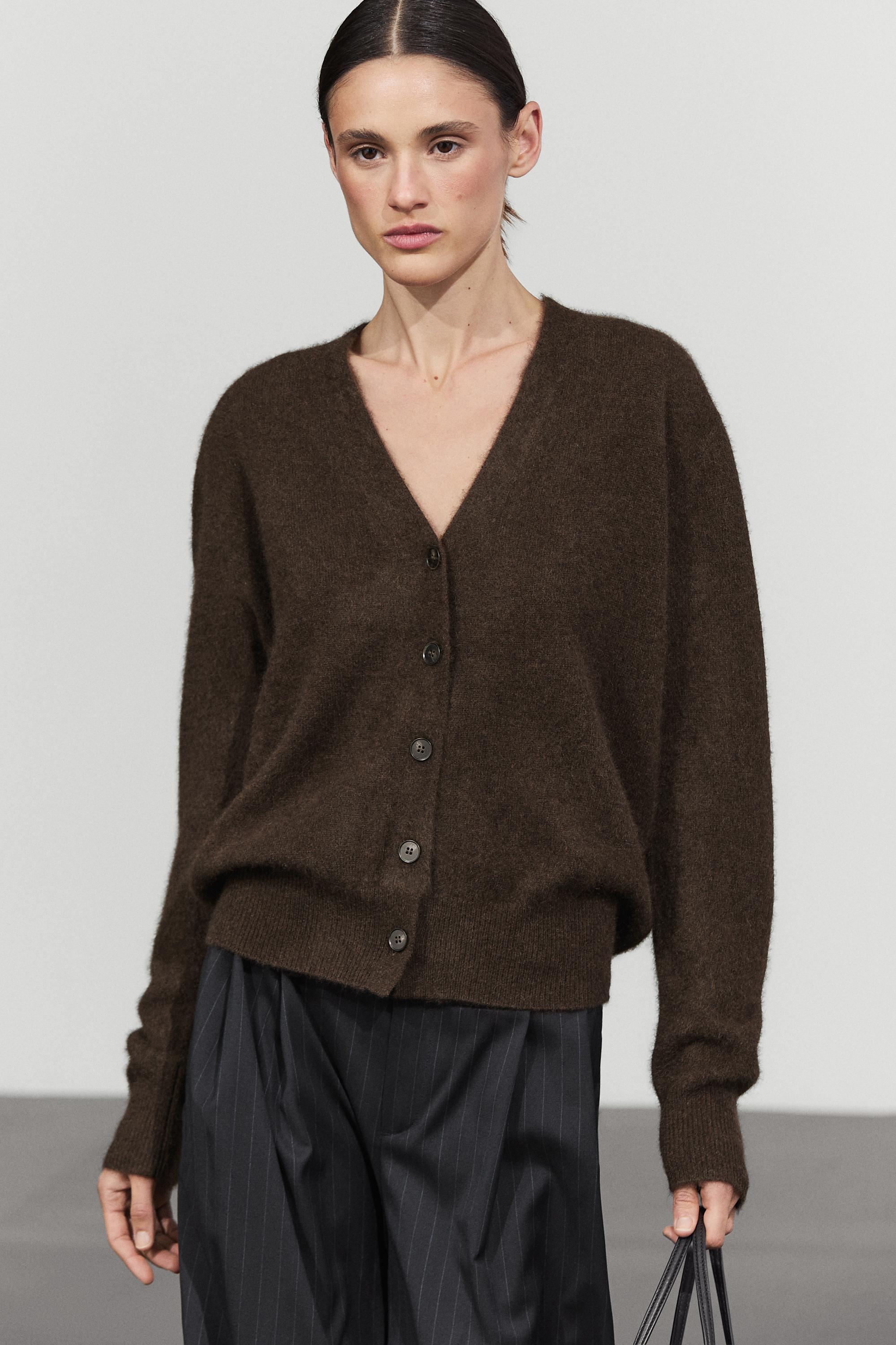 Brushed wool-blend V-neck knit cardigan