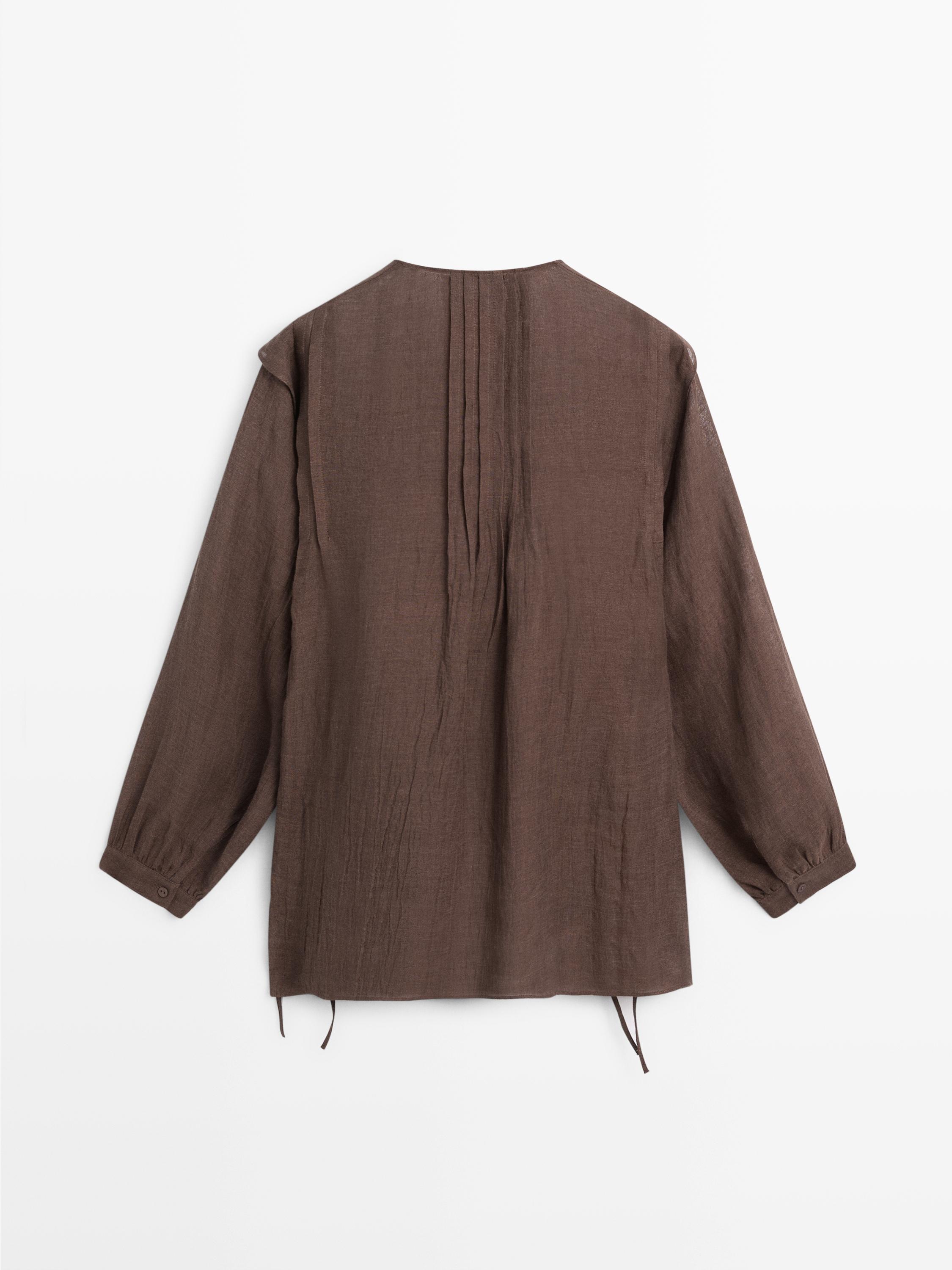Flowing oversize linen blouse with ruffles — BROWN