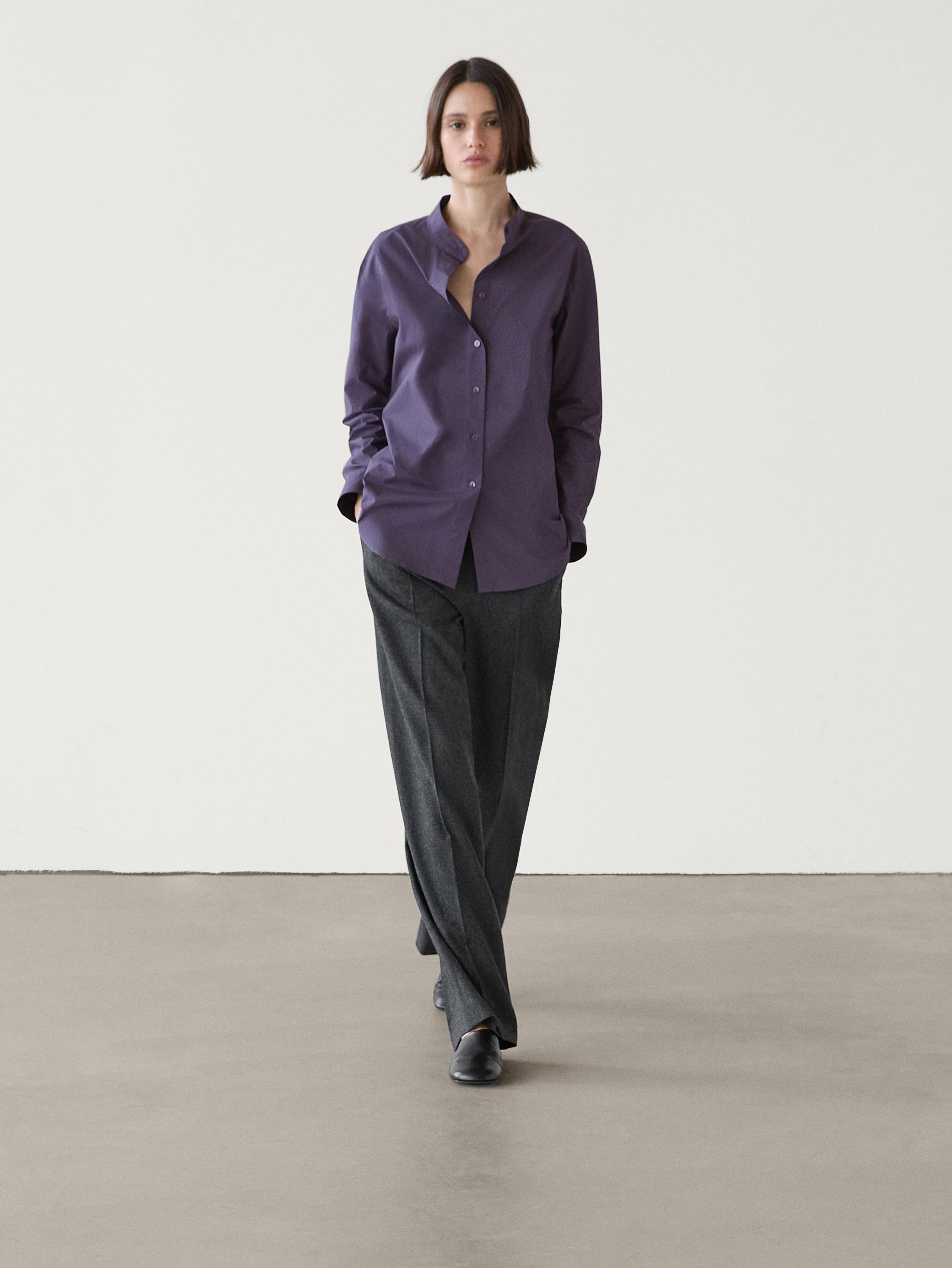 Poplin shirt with stand collar