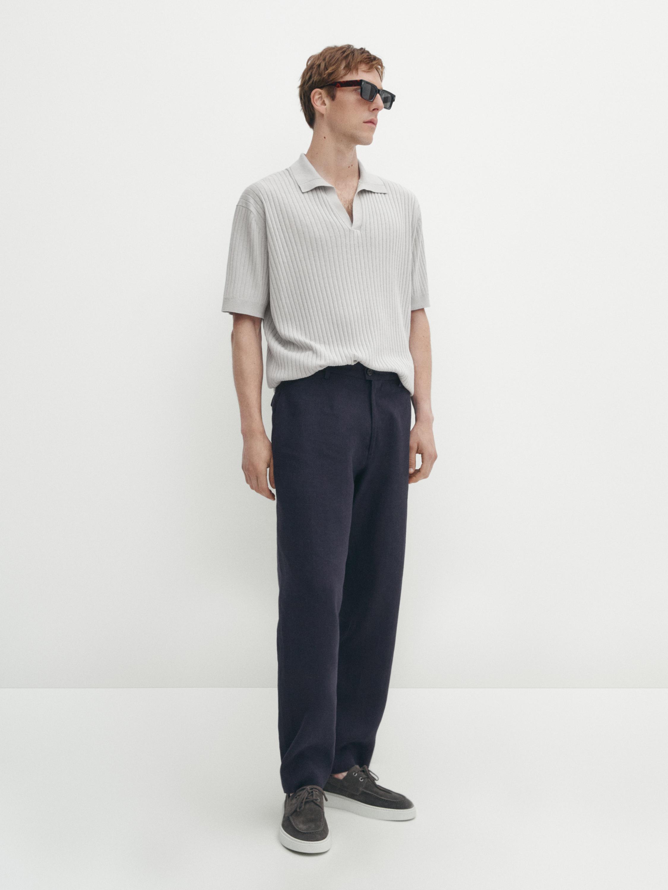 Ribbed knit cotton and linen blend polo shirt