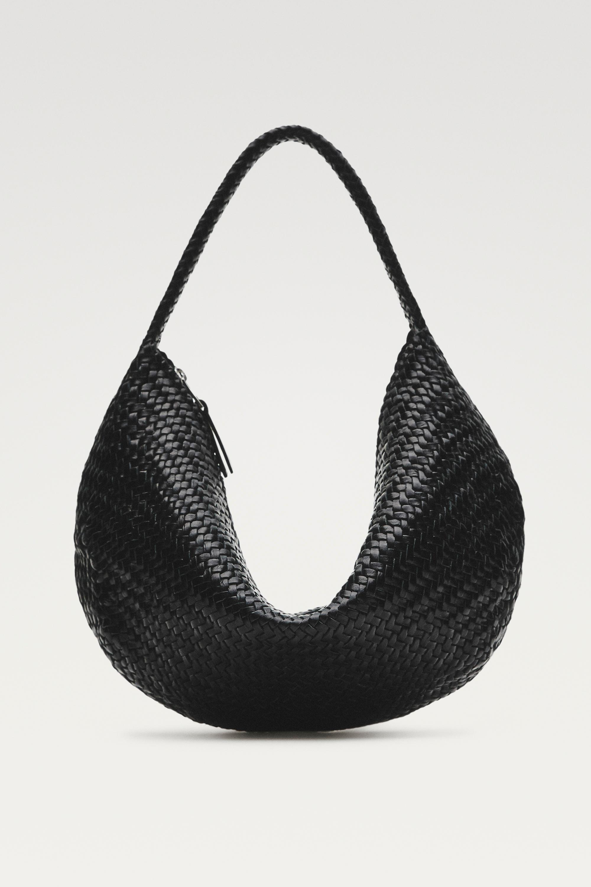 Braided leather half-moon bag — BLACK