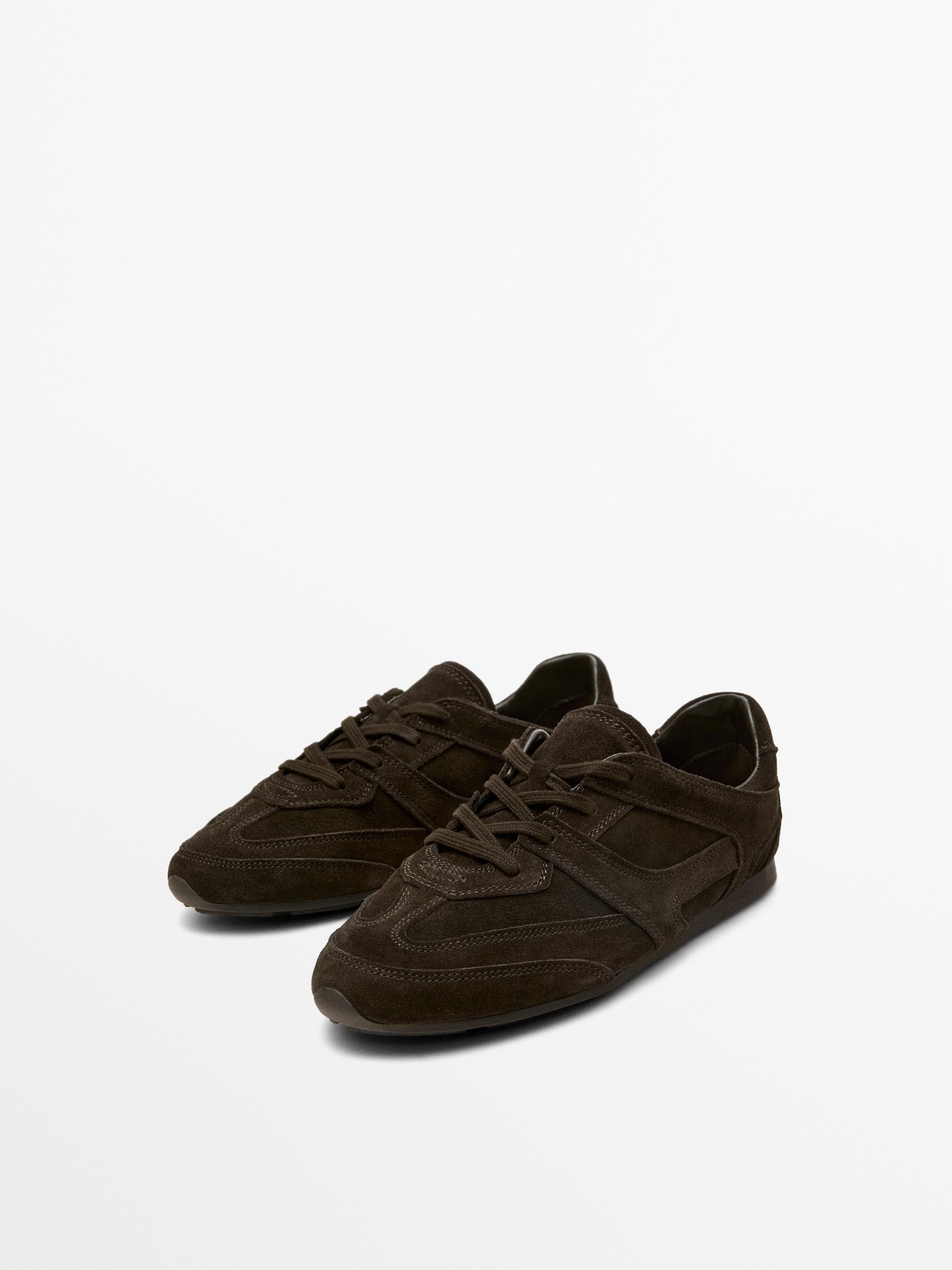 Split leather trainers with piece details — GREY