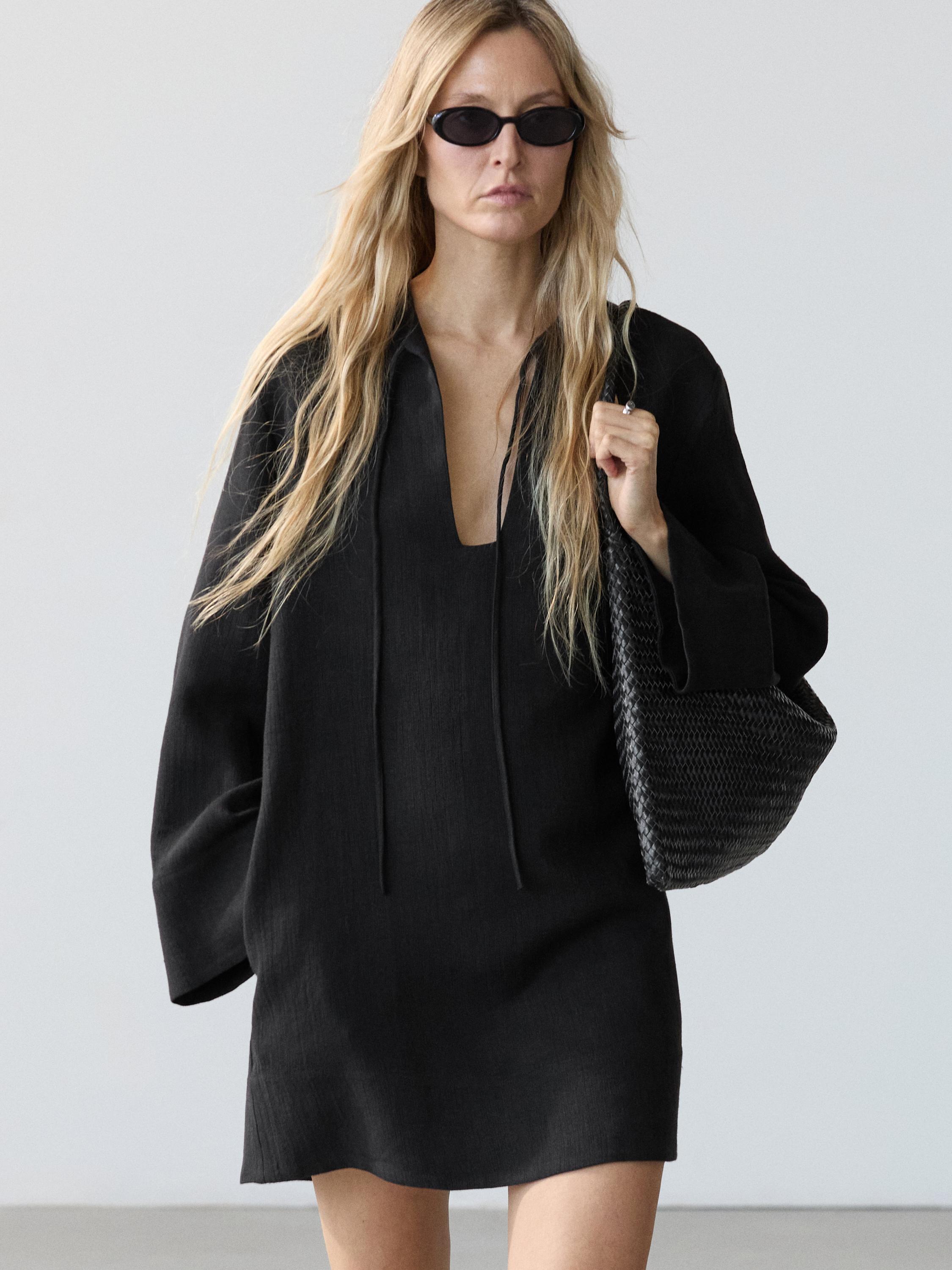 100% linen stand collar mini dress Black Swimwear | Massimo Dutti 100% linen stand collar mini dress Black Swimwear | Massimo Dutti