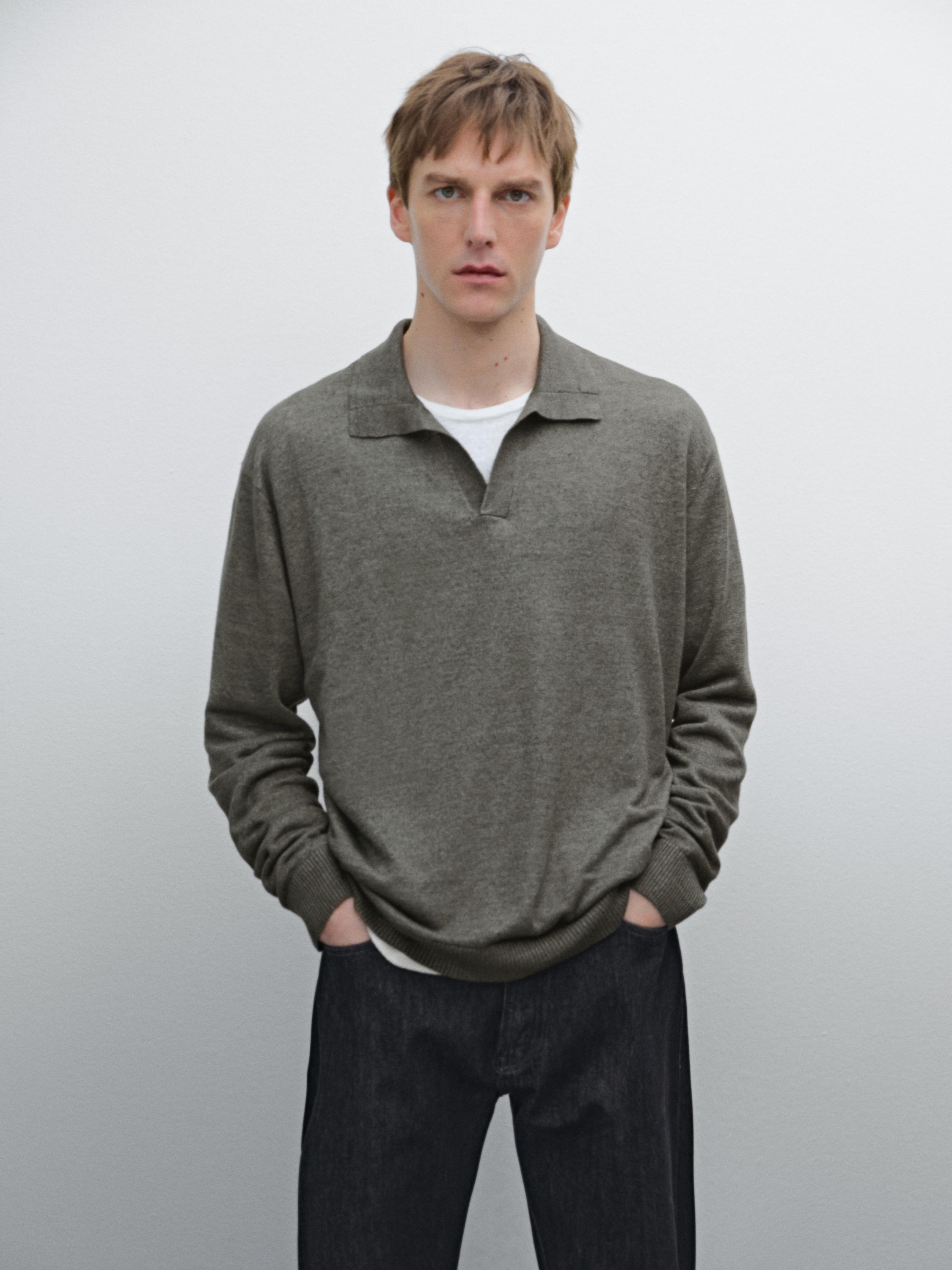 Pull polo en maille et lin