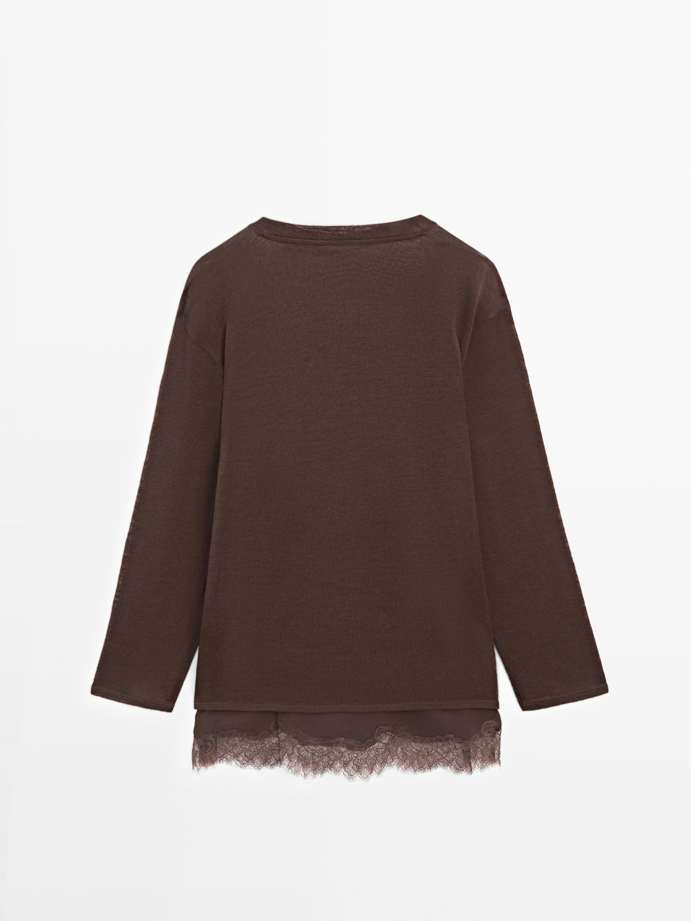 Long sleeve T-shirt with lace detail — BROWN