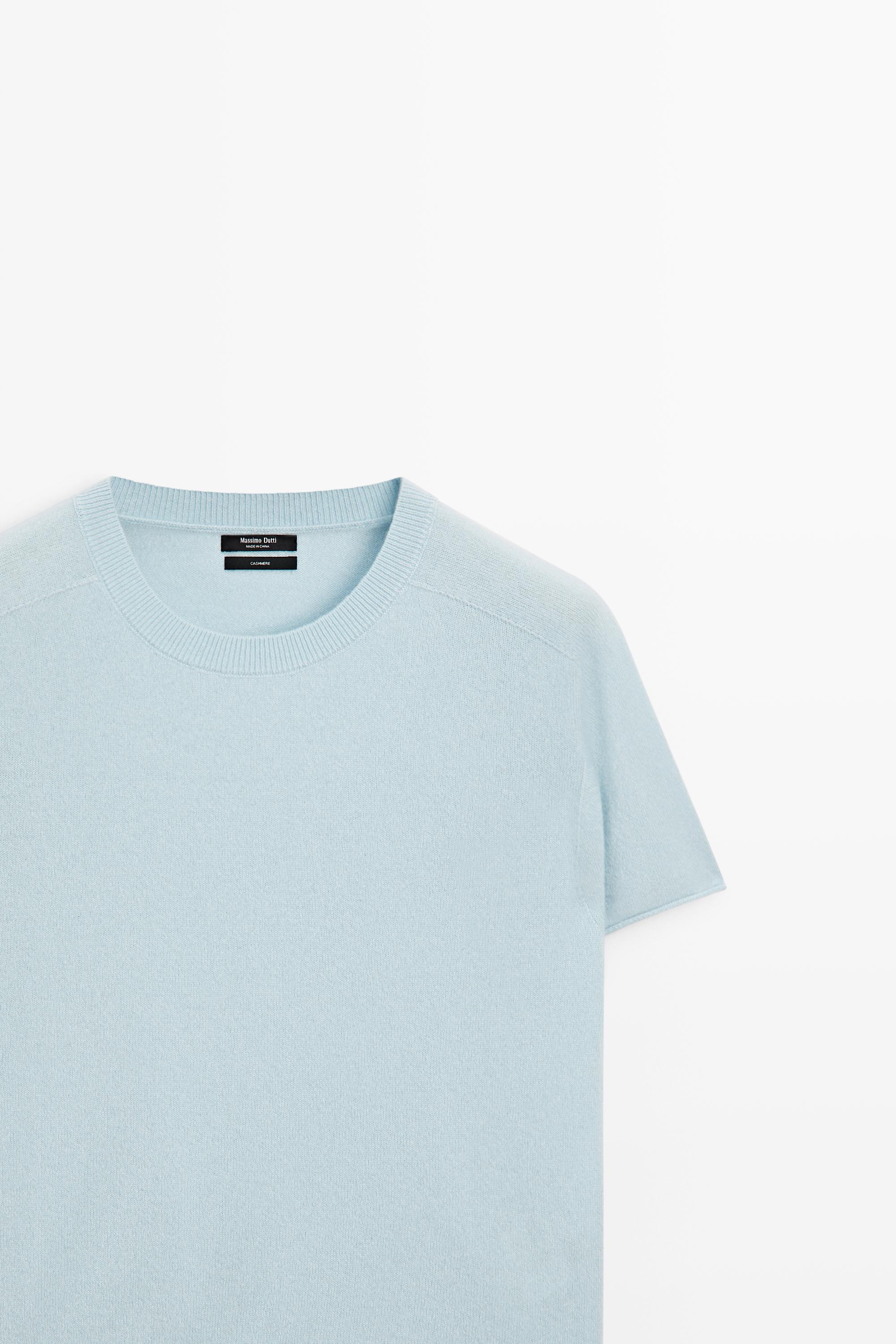 100% cashmere short sleeve knit sweater — SKY BLUE