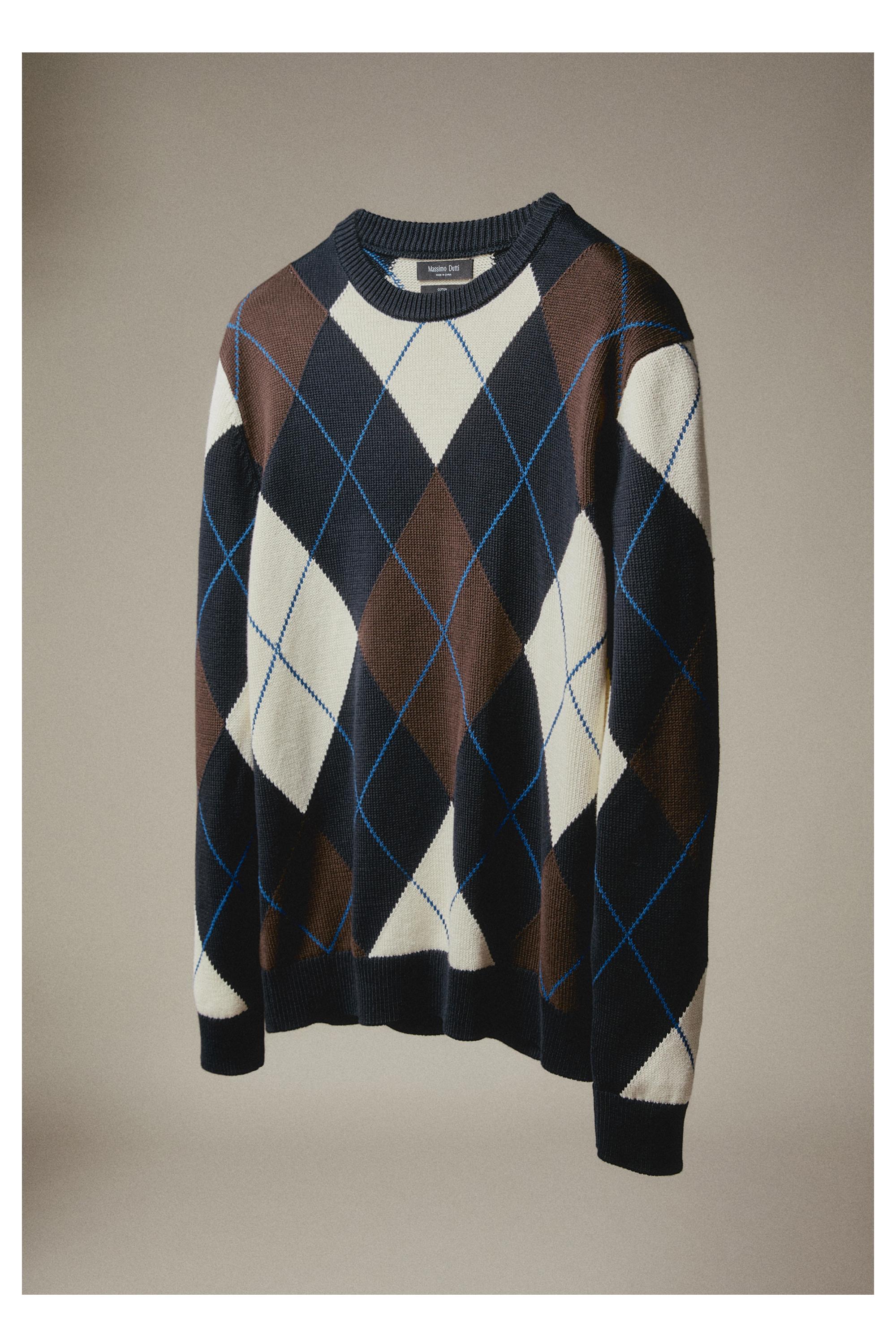 100% Cotton Argyle Knit Sweater — NAVY BLUE