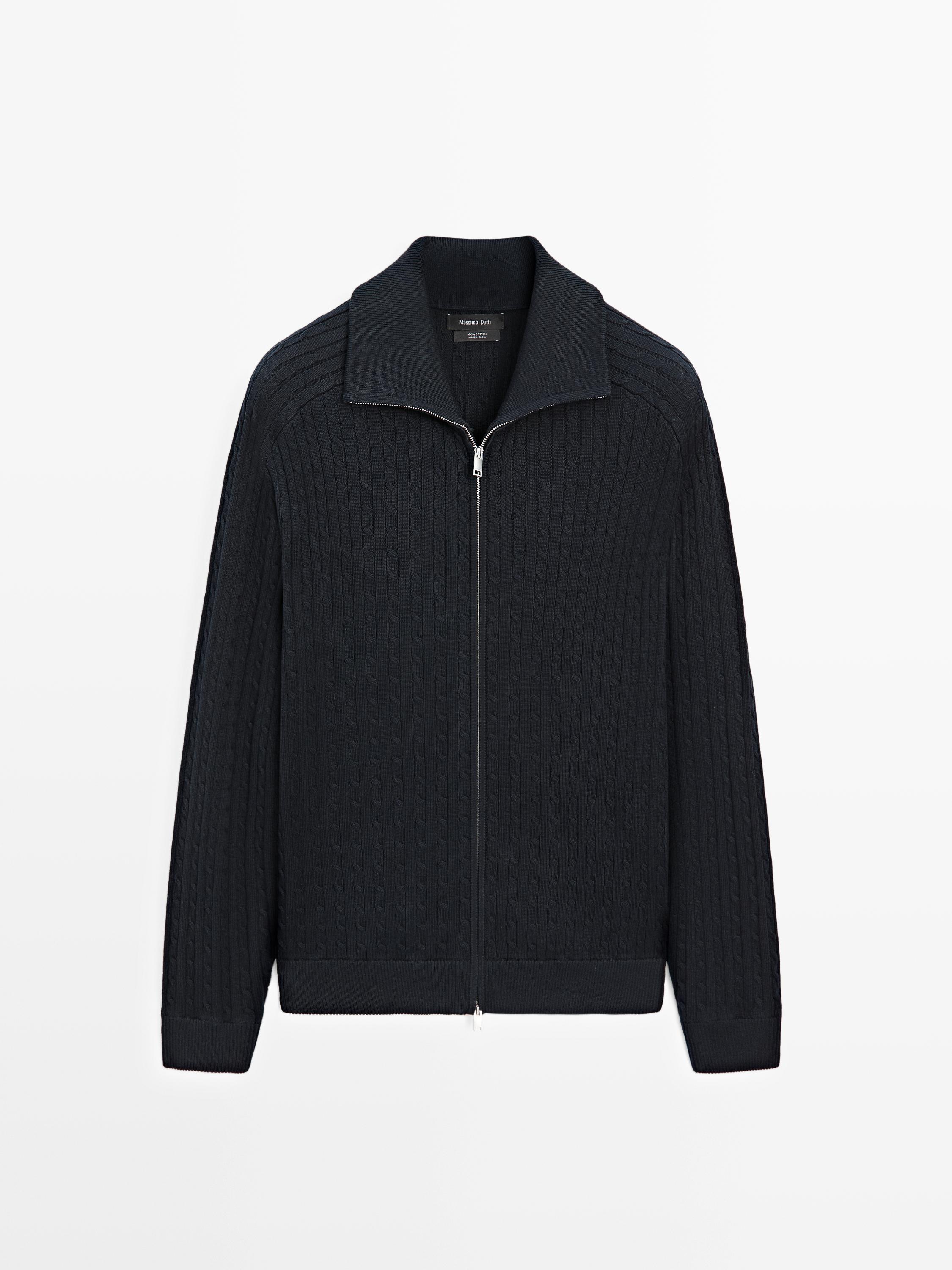 Cotton cable-knit cardigan with zip — NAVY BLUE