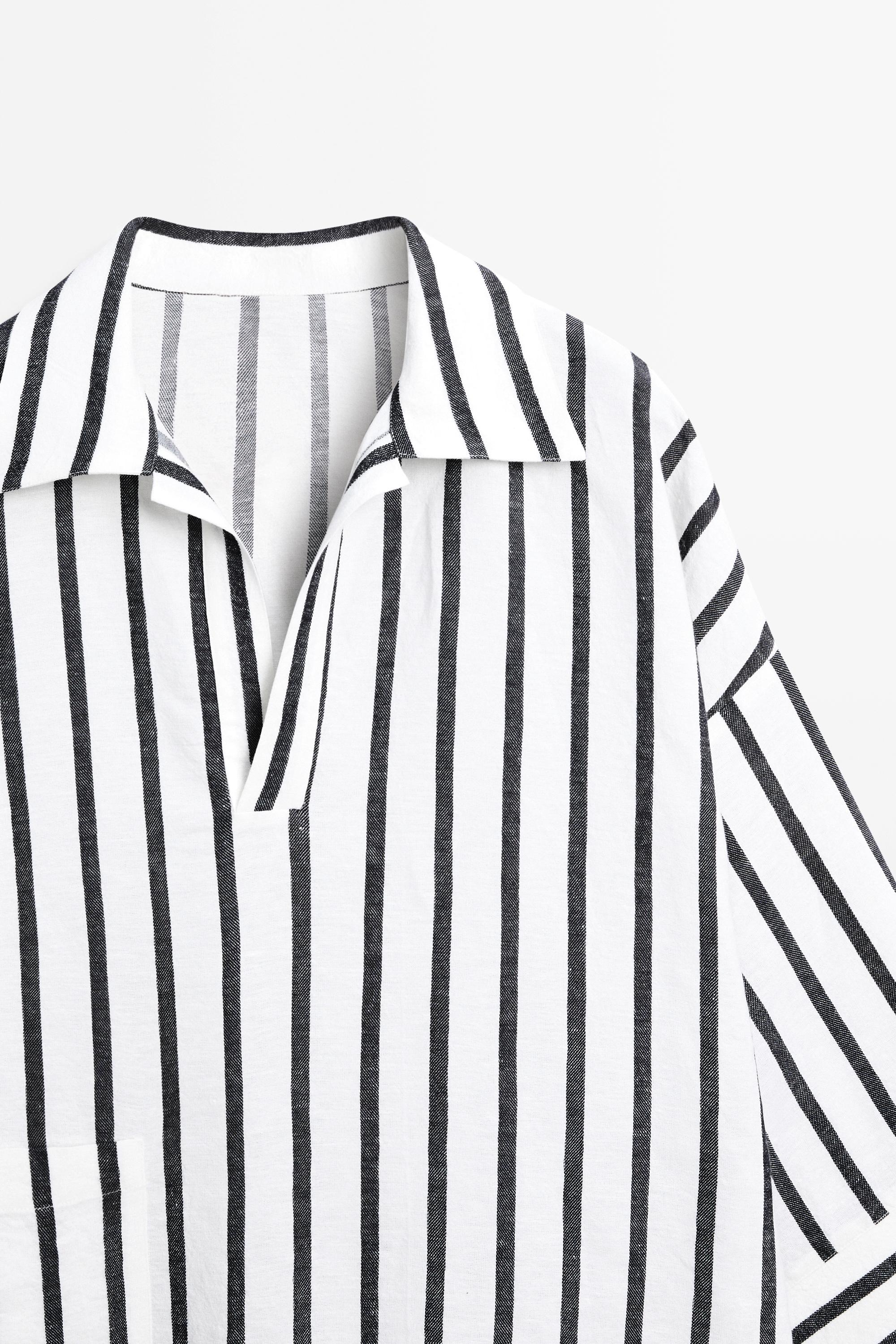 Striped oversize linen blend shirt — WHITE