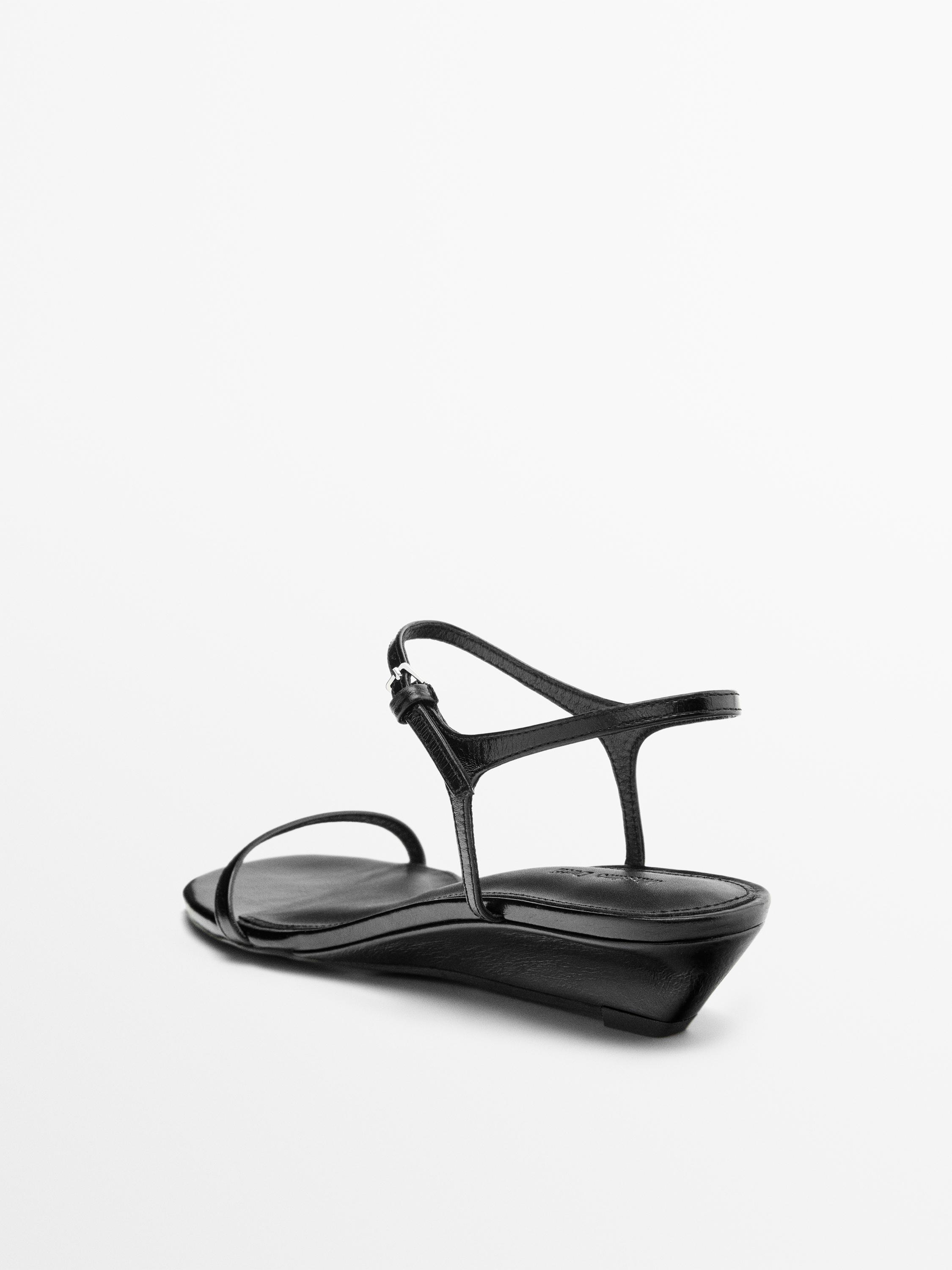 Strappy leather mid-wedge sandals — BLACK