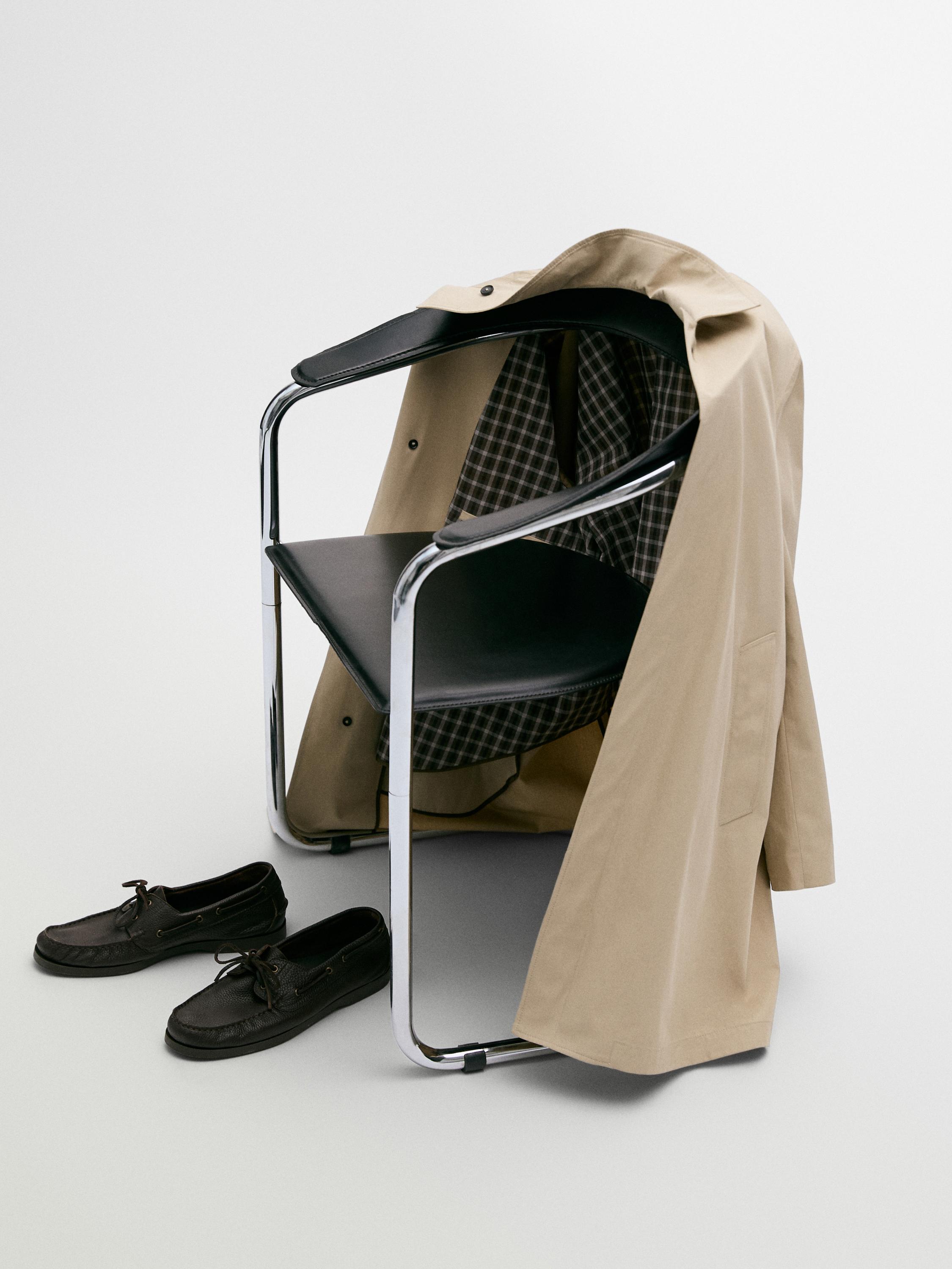 Check cotton trench coat with interior detail — BEIGE