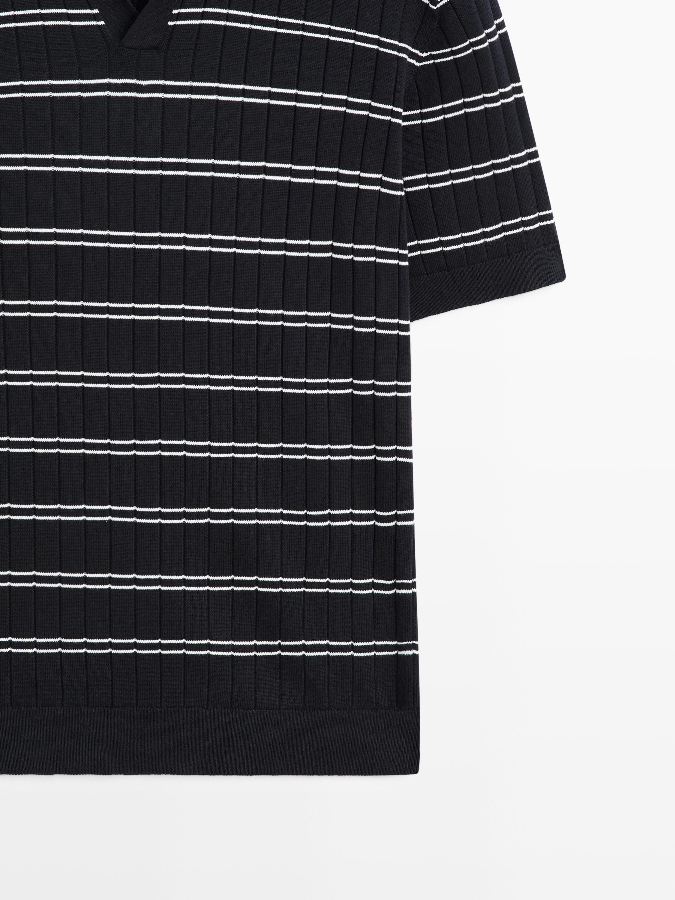 Striped cotton knit polo shirt — NAVY BLUE