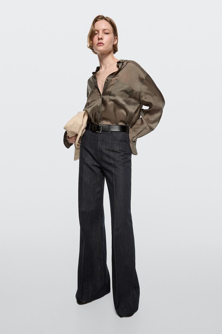 High-waist palazzo denim pants co-ord — DARK BLUE