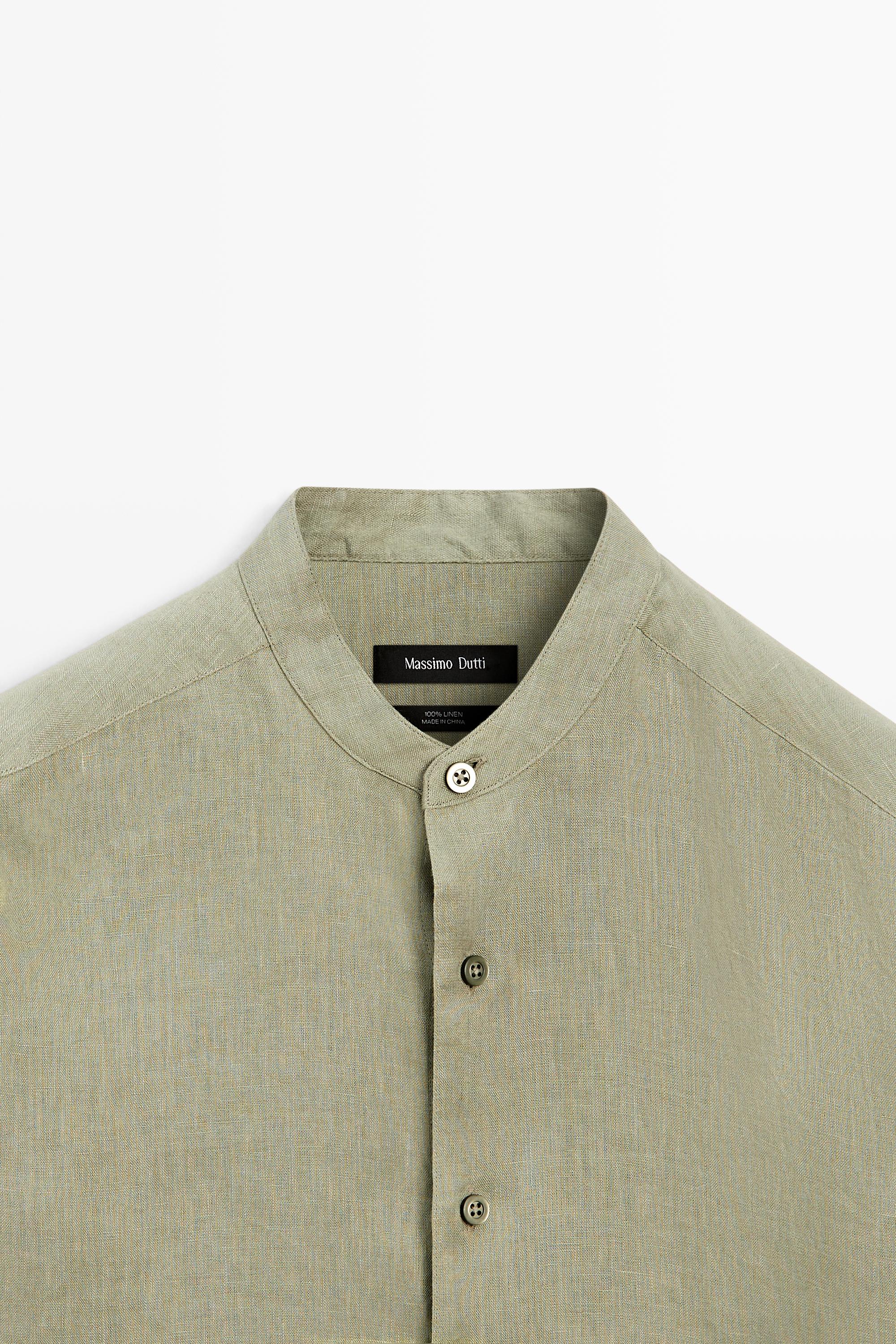 100% linen regular fit stand collar shirt — PALE GREEN