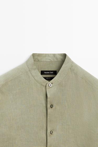 100% linen regular fit stand collar shirt — PALE GREEN 9