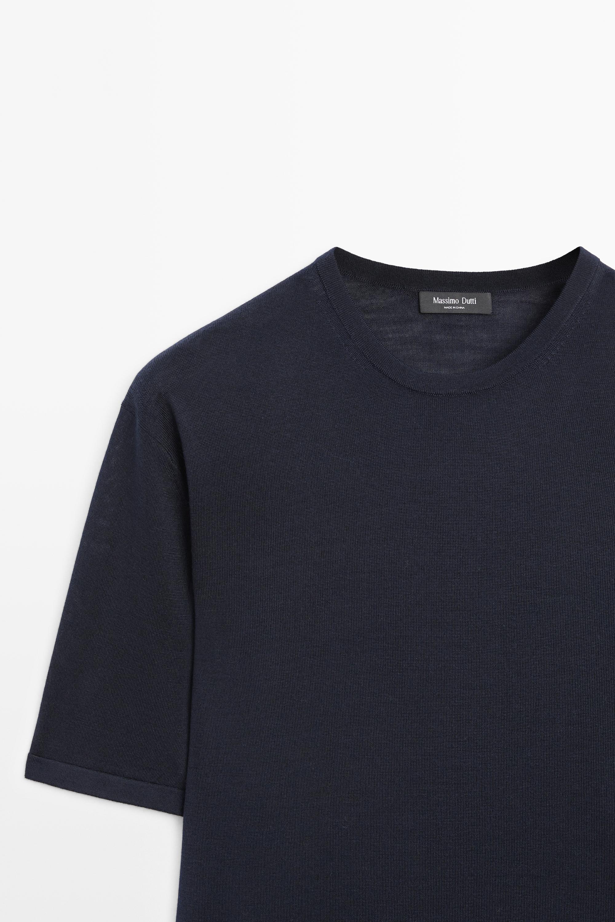 Wool-blend short-sleeve knit sweater — NAVY BLUE