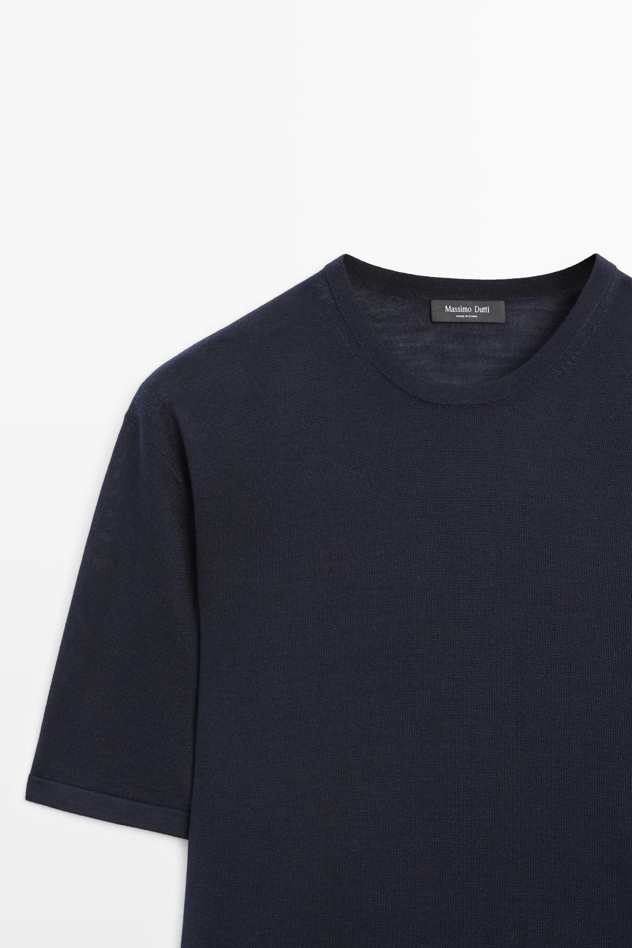 Wool-blend short-sleeve knit sweater — NAVY BLUE