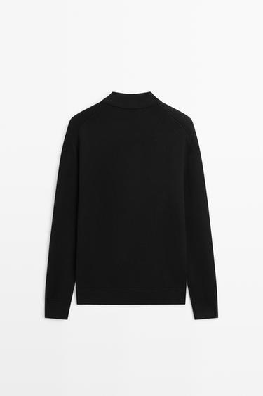 100% cotton knit polo collar cardigan — BLACK 6