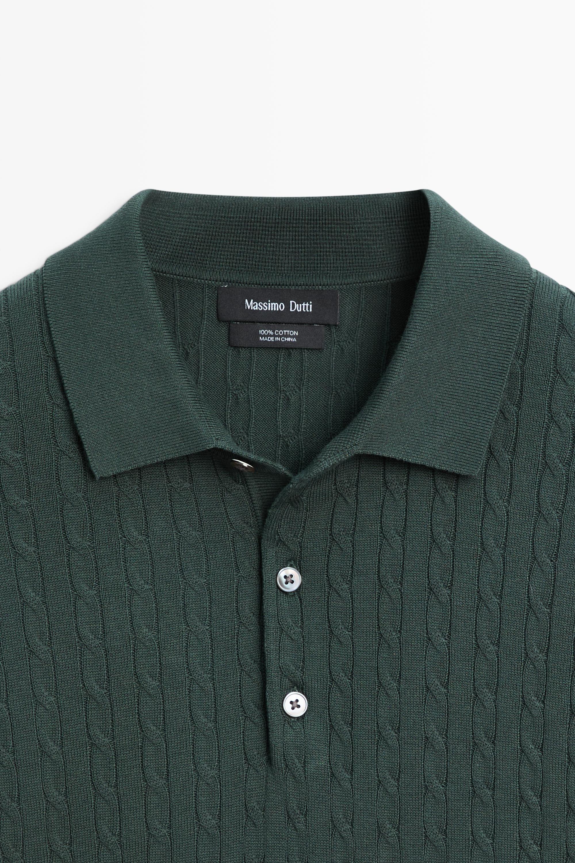 100% cotton cable-knit polo shirt — DARK BOTTLE GREEN