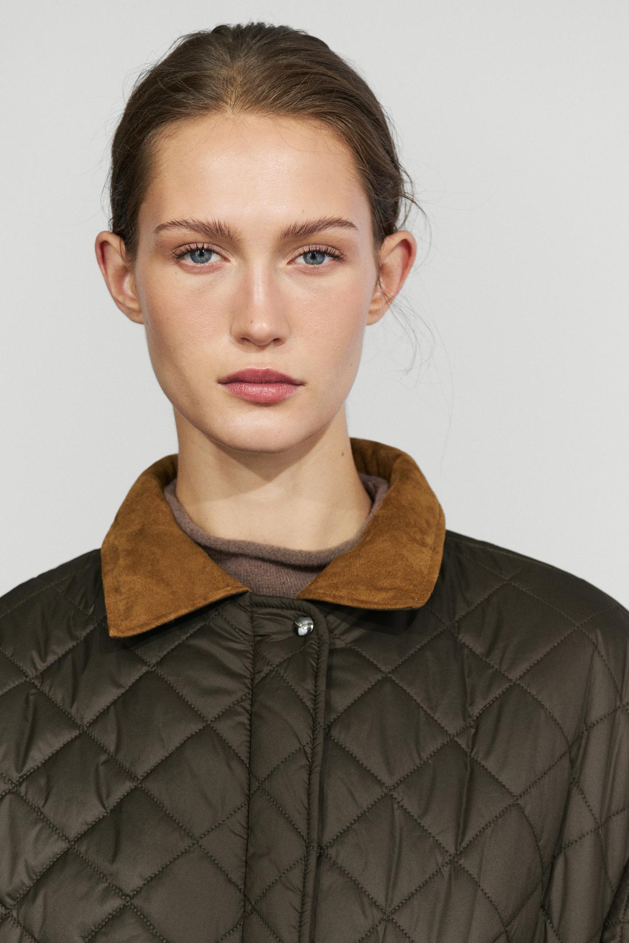 Padded short jacket with leather combination — DEEP BLUE