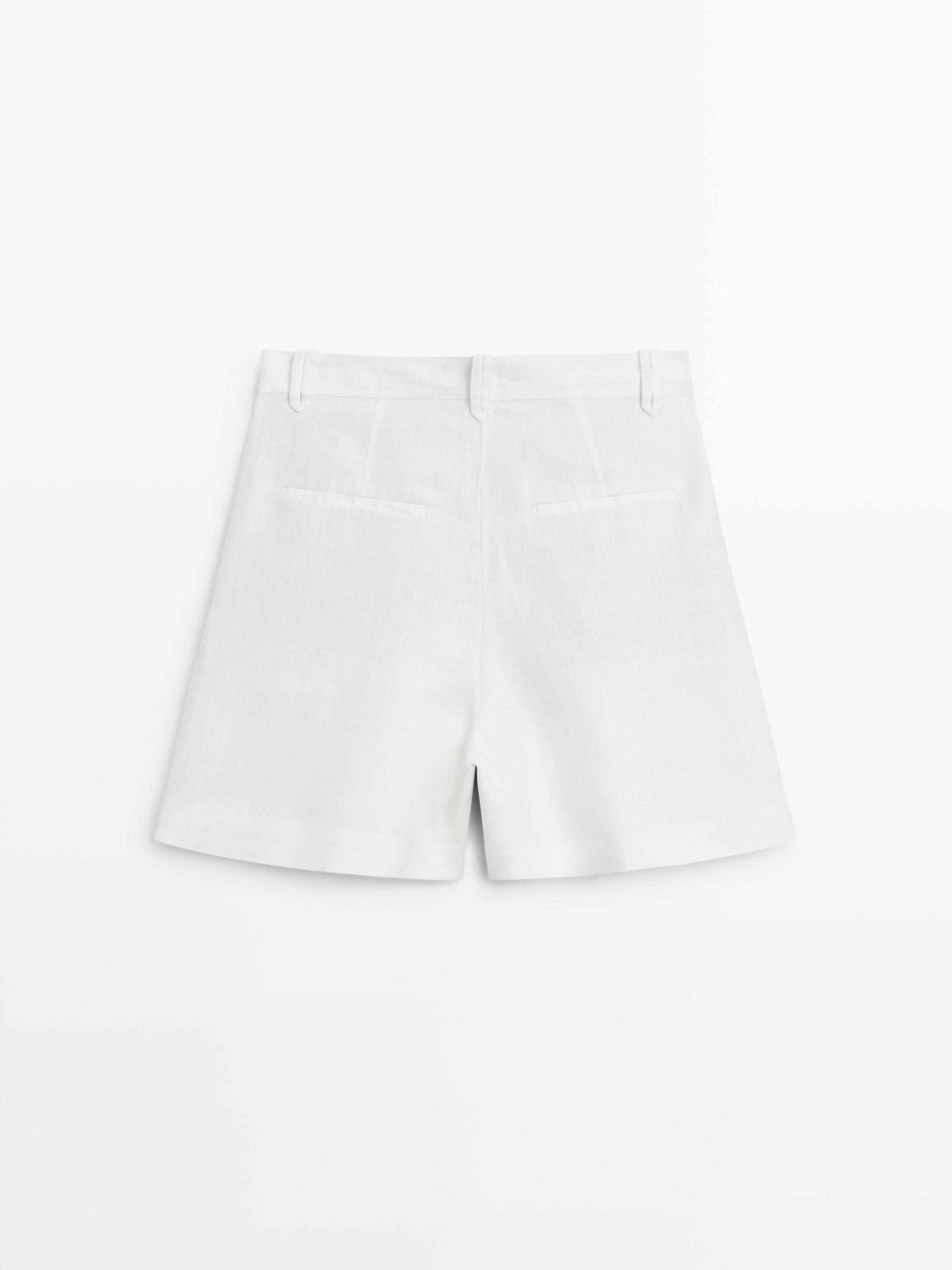 100% linen short pleated Bermuda shorts — WHITE
