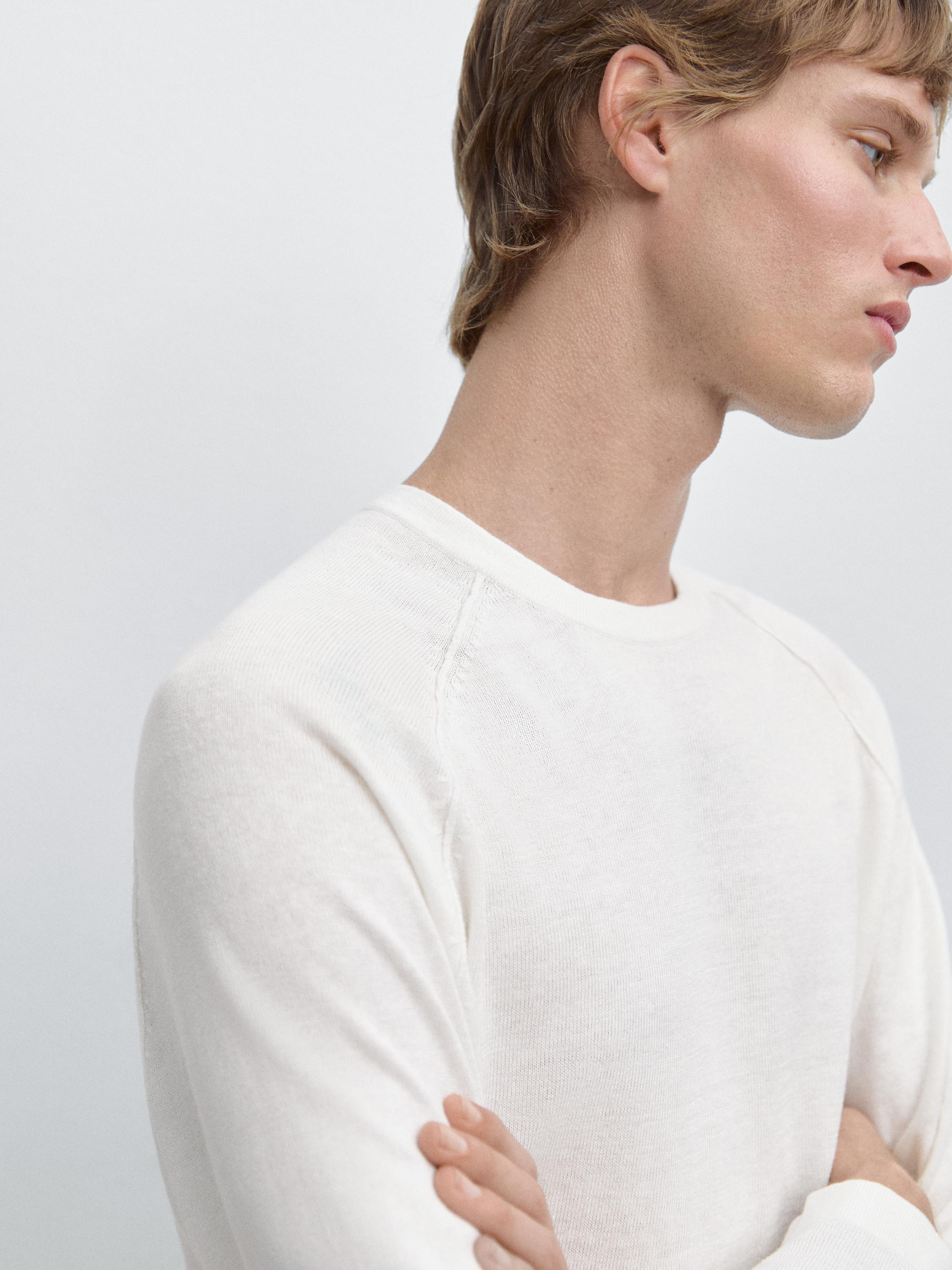 Linen blend knit crew neck sweater — CREAM