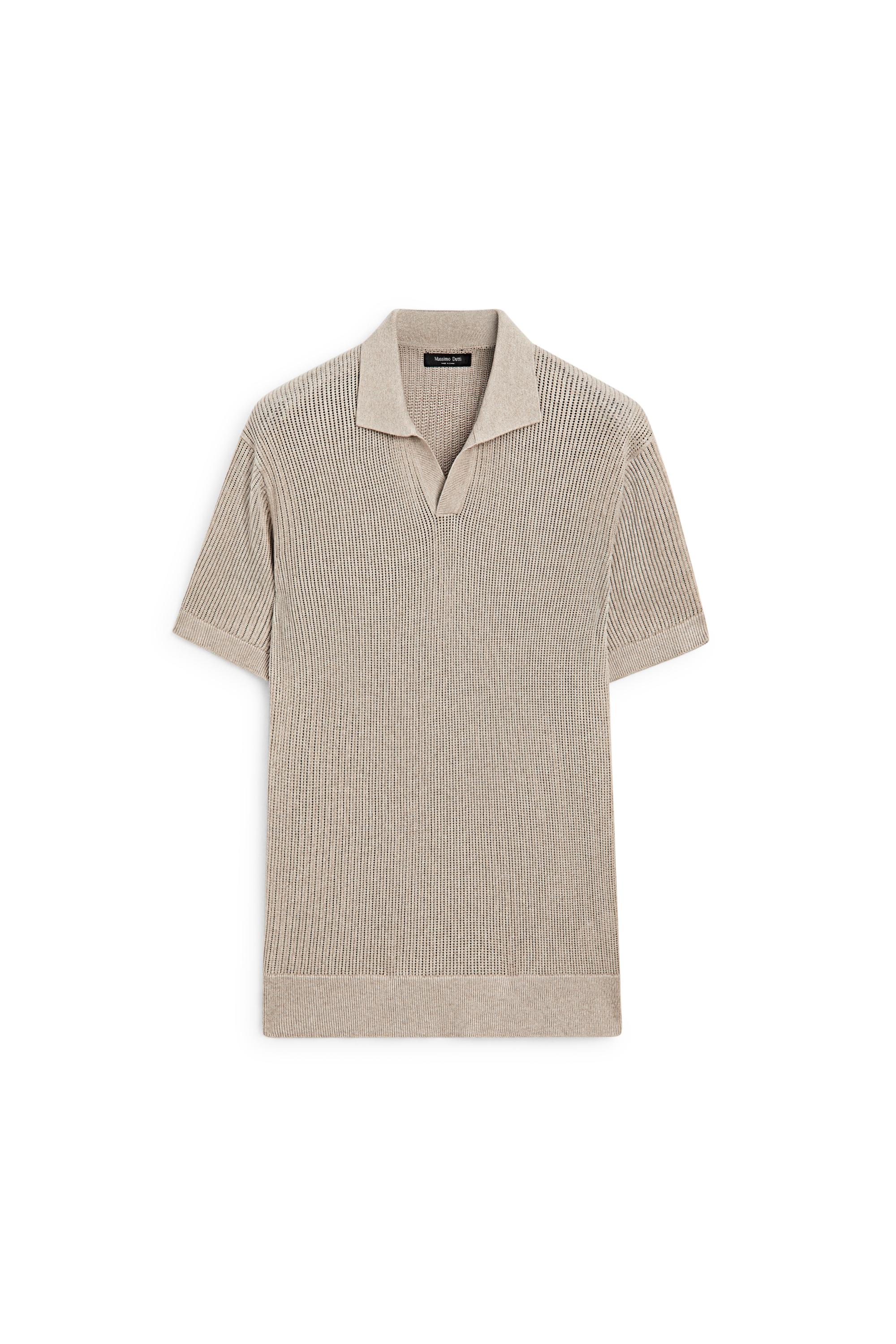 Cotton-blend V-neck knit polo shirt — MINK