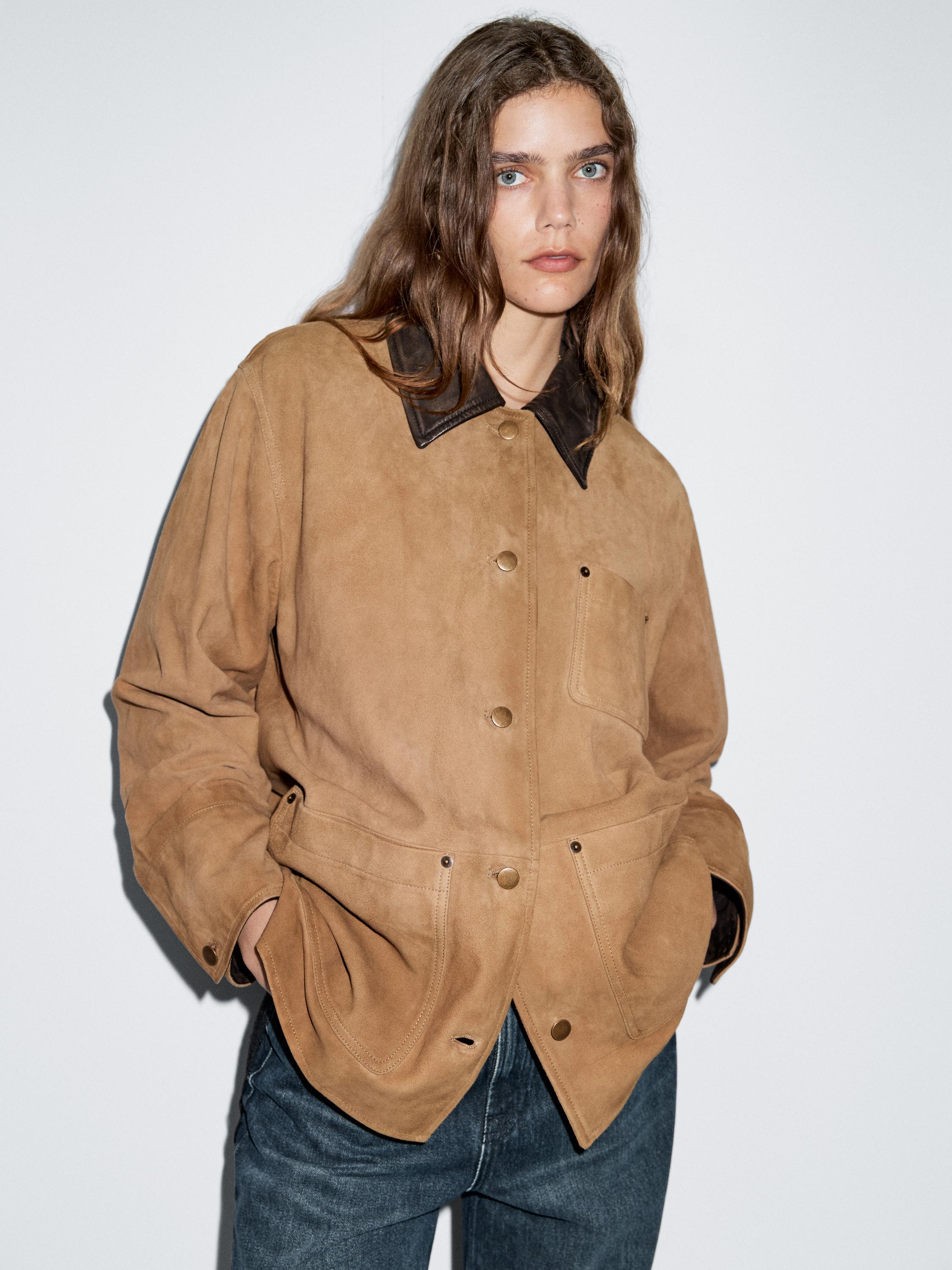 Veste col contrastant en cuir effet daim